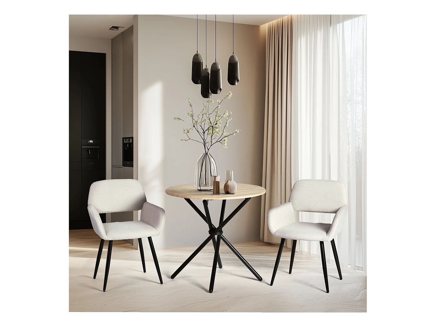 URBAN MEUBLE Lot de 4 chaises de salle à manger scandinaves tissu beige pieds noirs