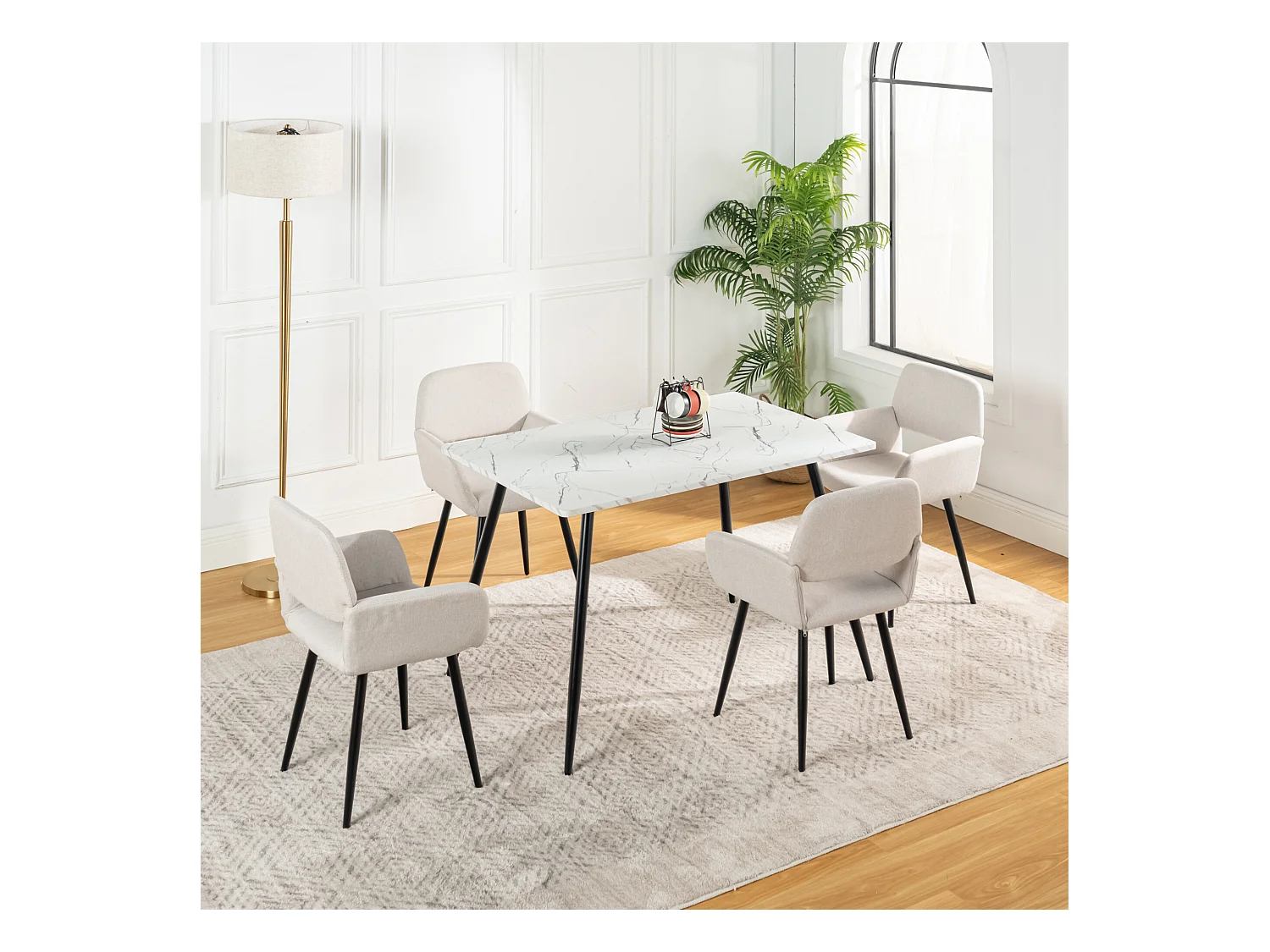 URBAN MEUBLE Lot de 4 chaises de salle à manger scandinaves tissu beige pieds noirs