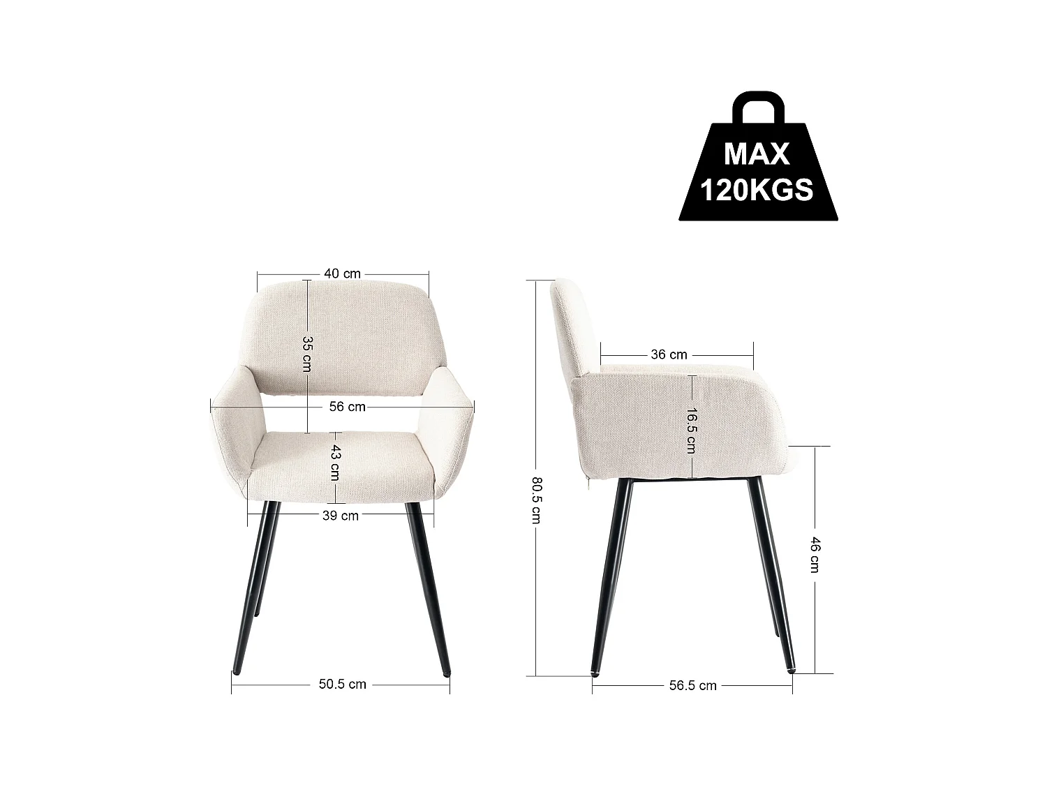 URBAN MEUBLE Lot de 4 chaises de salle à manger scandinaves tissu beige pieds noirs
