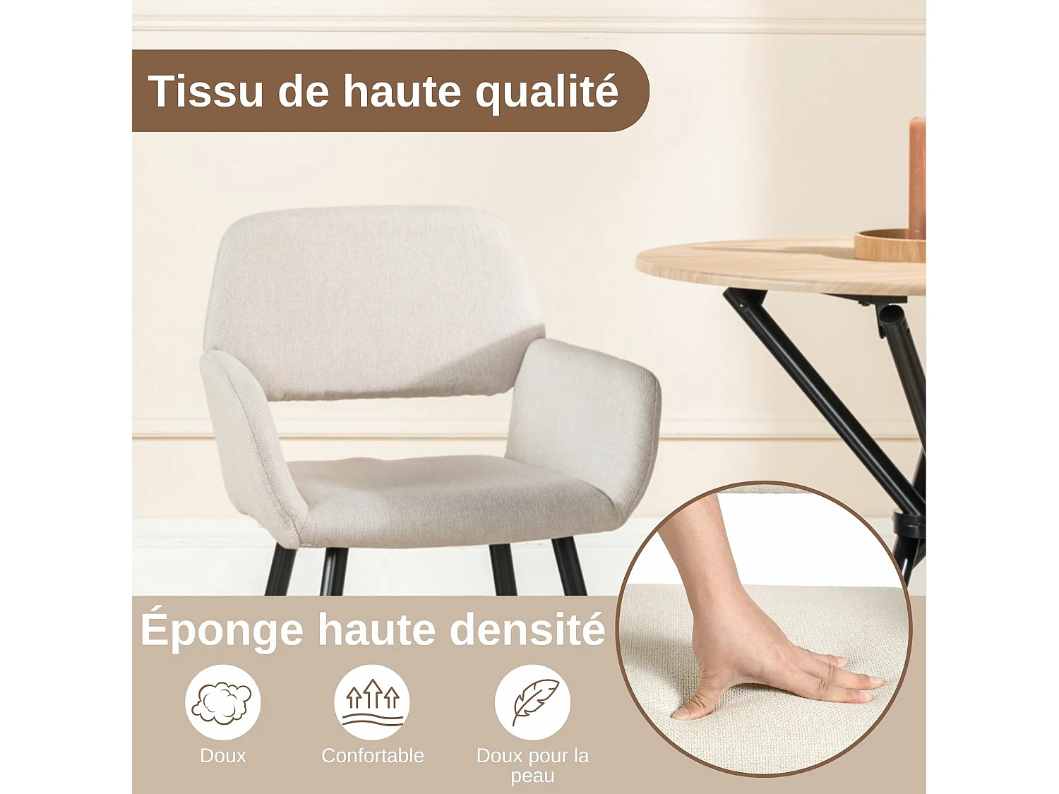 URBAN MEUBLE Lot de 4 chaises de salle à manger scandinaves tissu beige pieds noirs