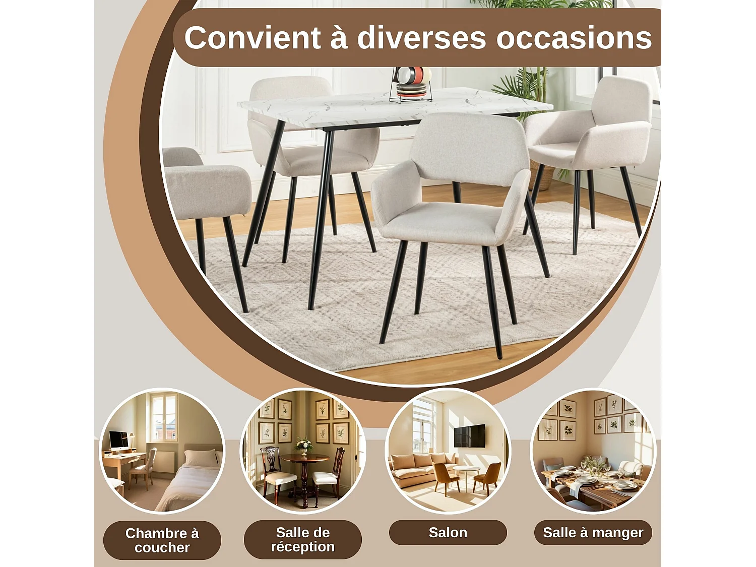 URBAN MEUBLE Lot de 4 chaises de salle à manger scandinaves tissu beige pieds noirs