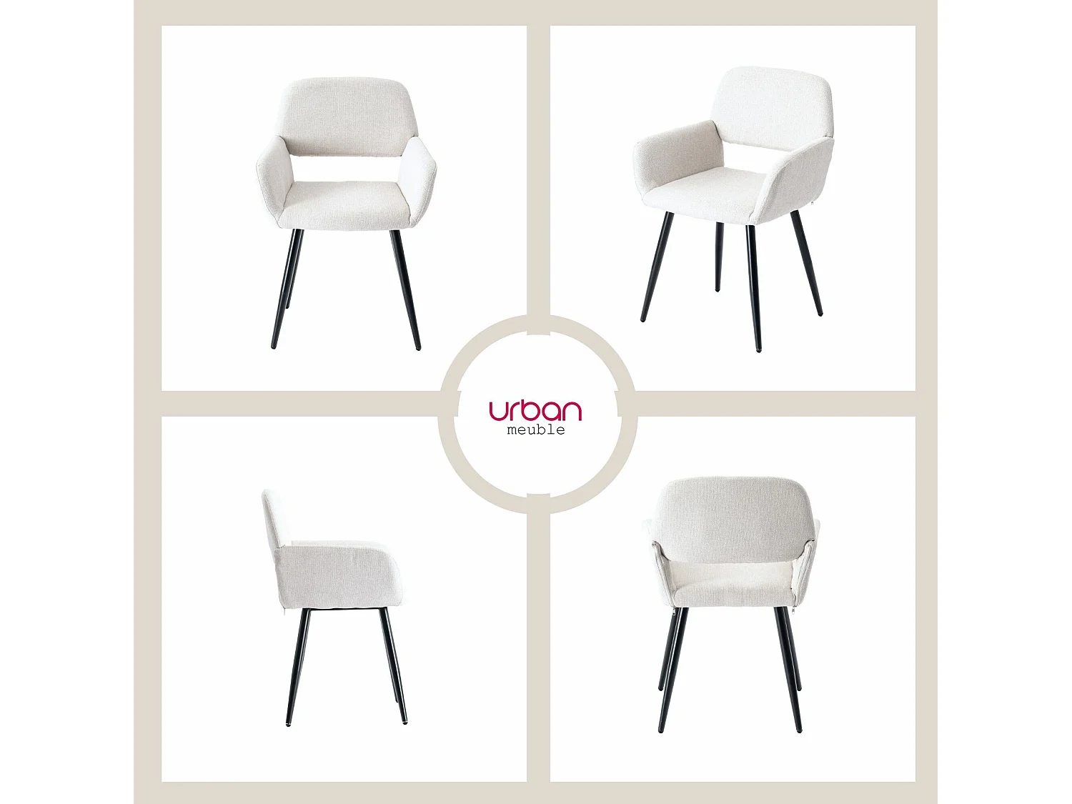 URBAN MEUBLE Lot de 4 chaises de salle à manger scandinaves tissu beige pieds noirs