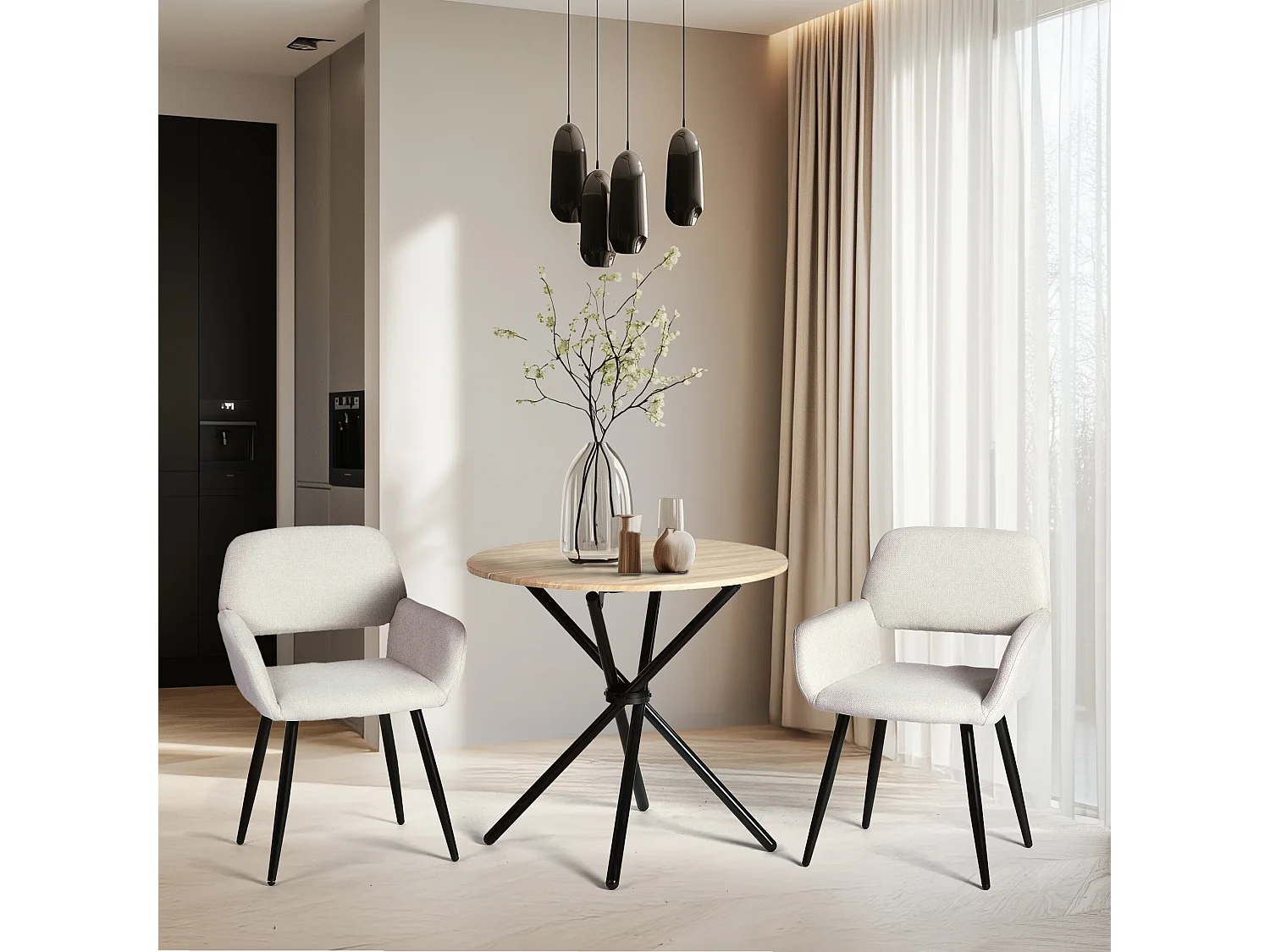 URBAN MEUBLE Lot de 4 chaises de salle à manger scandinaves tissu beige pieds noirs