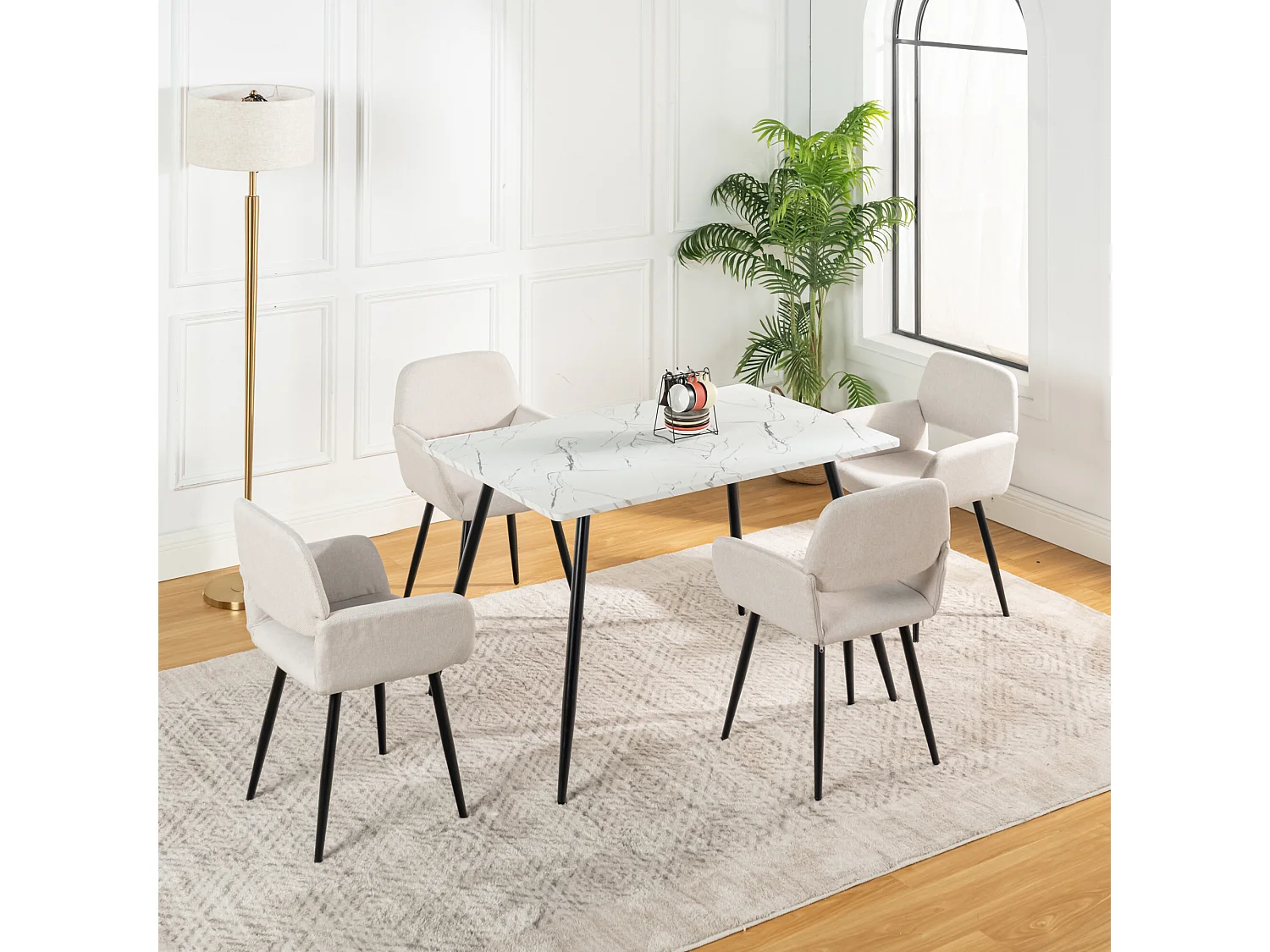 URBAN MEUBLE Lot de 4 chaises de salle à manger scandinaves tissu beige pieds noirs