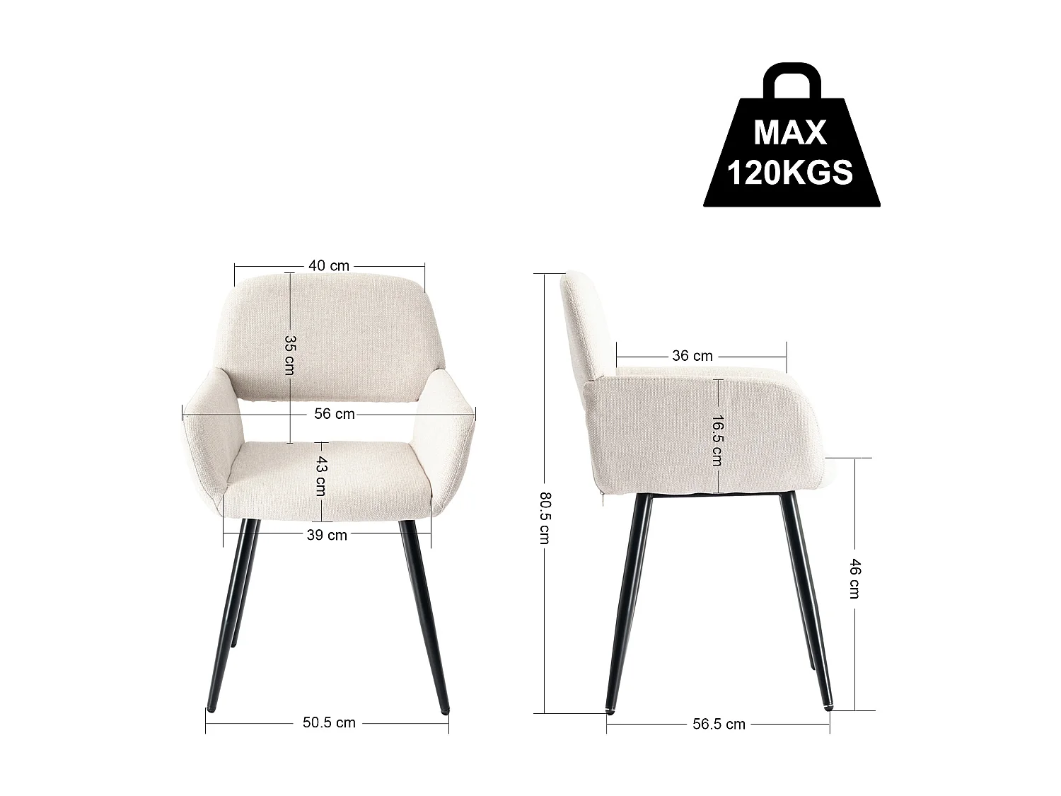 URBAN MEUBLE Lot de 4 chaises de salle à manger scandinaves tissu beige pieds noirs