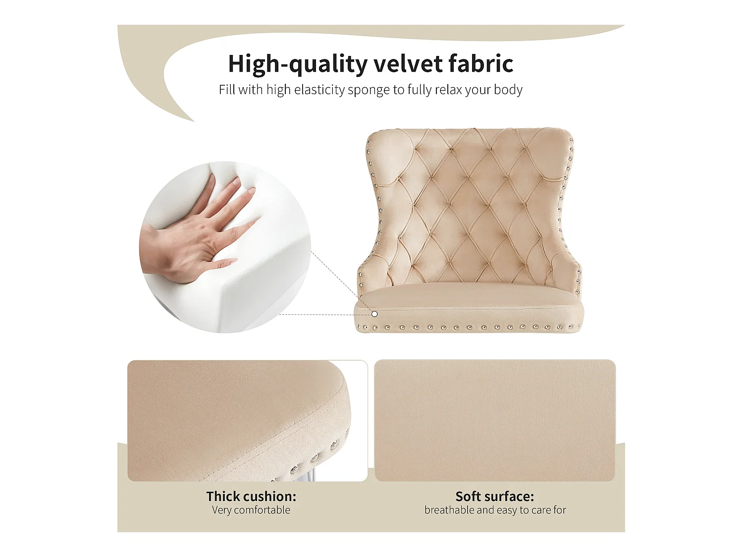 Lot de 2 chaises de salle à manger - 54 x 54 x 85.5 cm - chaise de maquillage - pieds argentés réglables - velours - beige