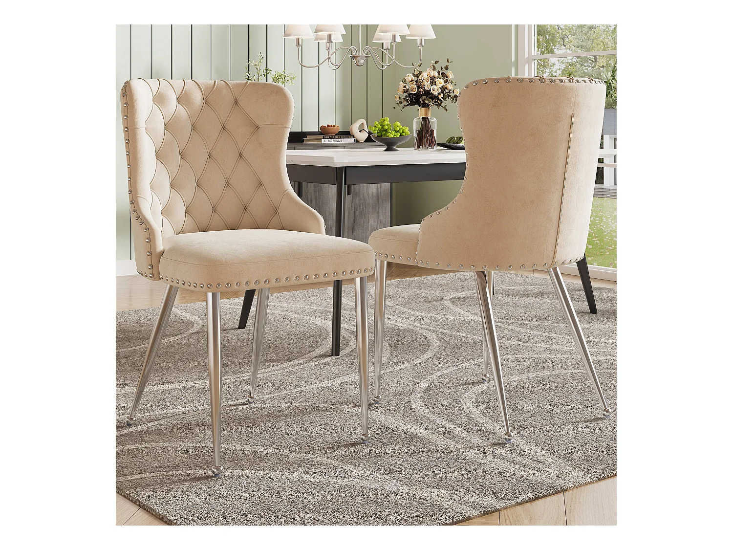 2er Set Esszimmerstühle - 54 x 54 x 85,5 cm - Schminkstuhl - verstellbare silberne Beine - Samt - Beige