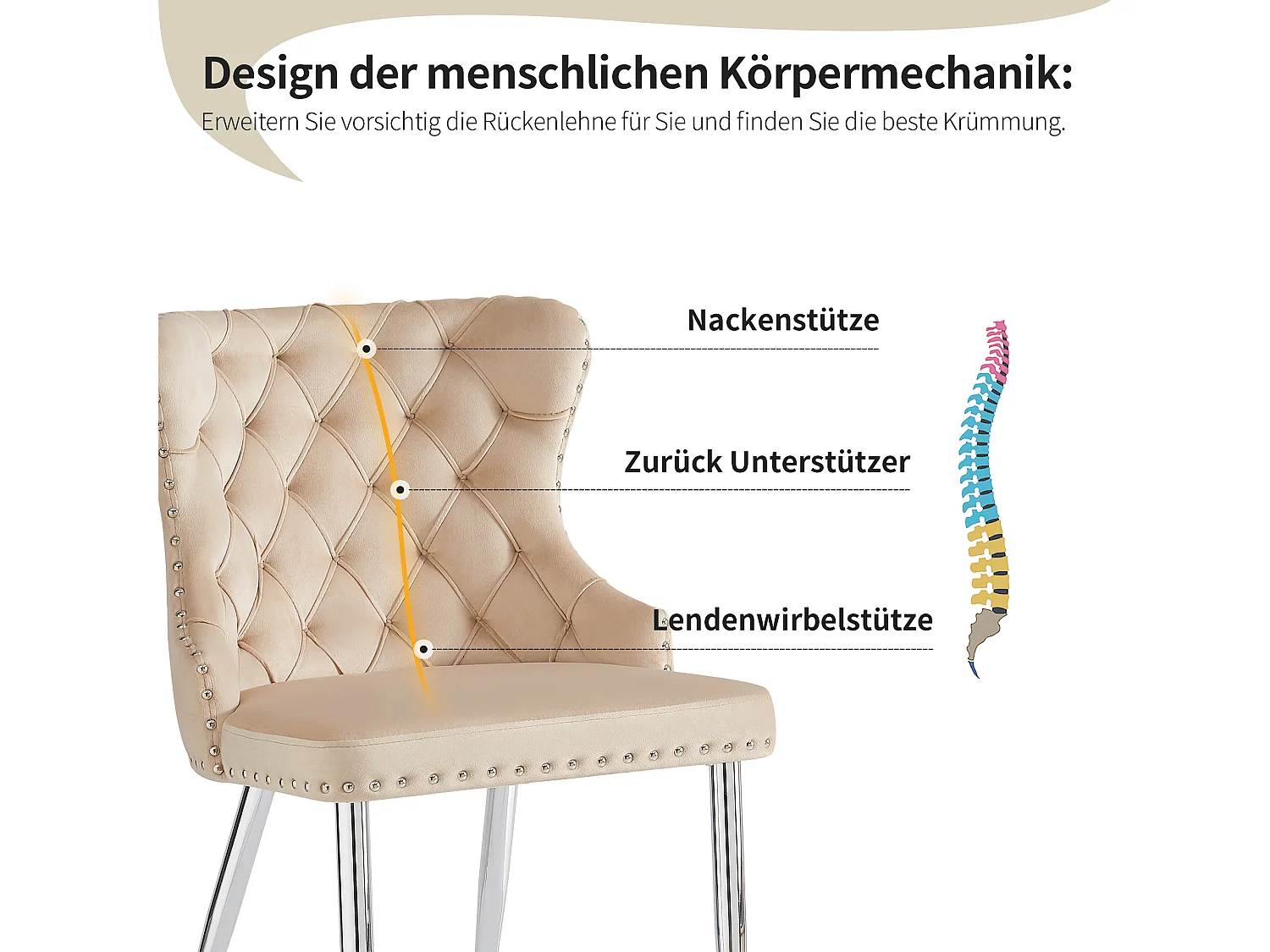 Lot de 2 chaises de salle à manger - 54 x 54 x 85.5 cm - chaise de maquillage - pieds argentés réglables - velours - beige