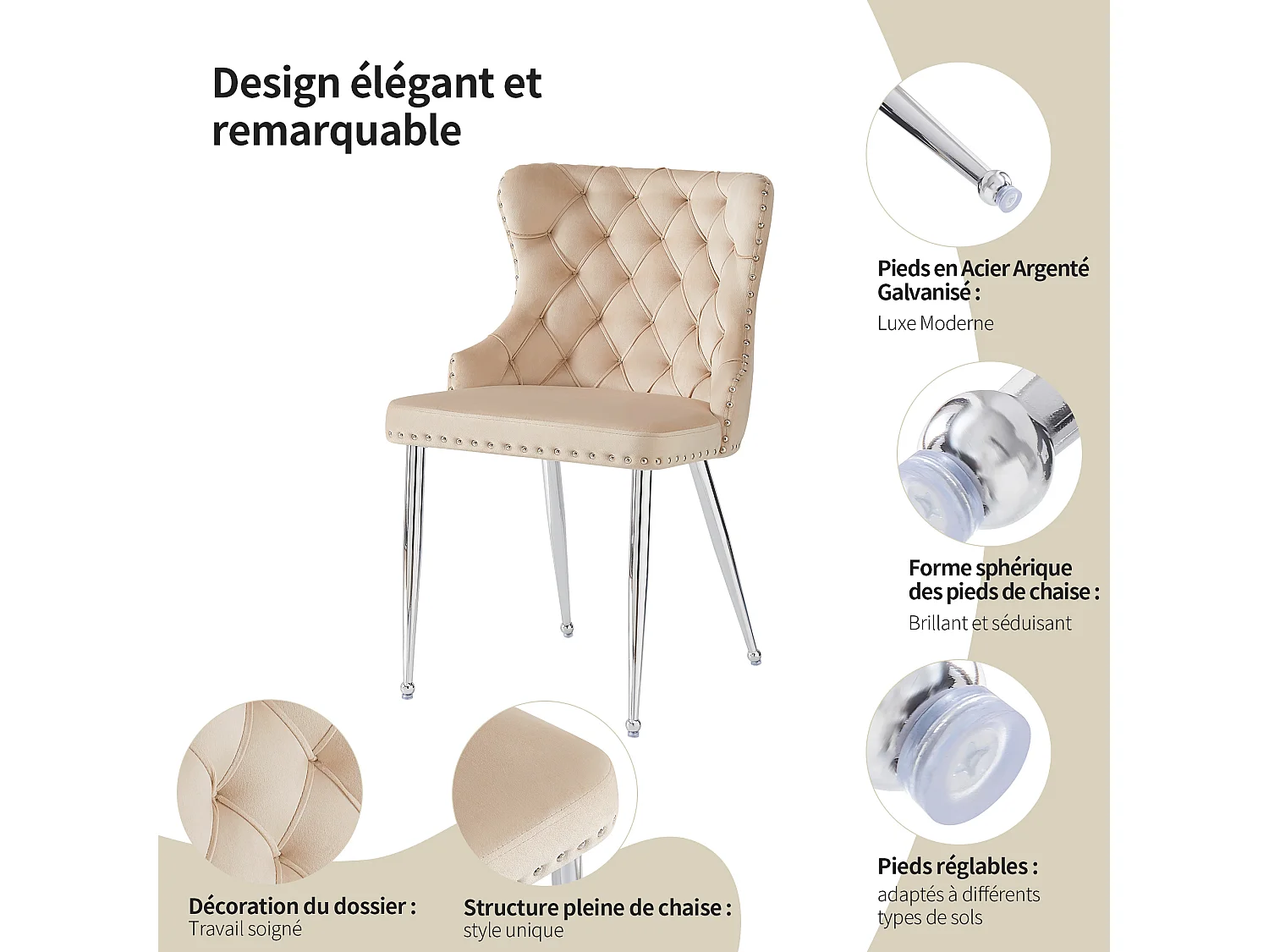 Lot de 2 chaises de salle à manger - 54 x 54 x 85.5 cm - chaise de maquillage - pieds argentés réglables - velours - beige