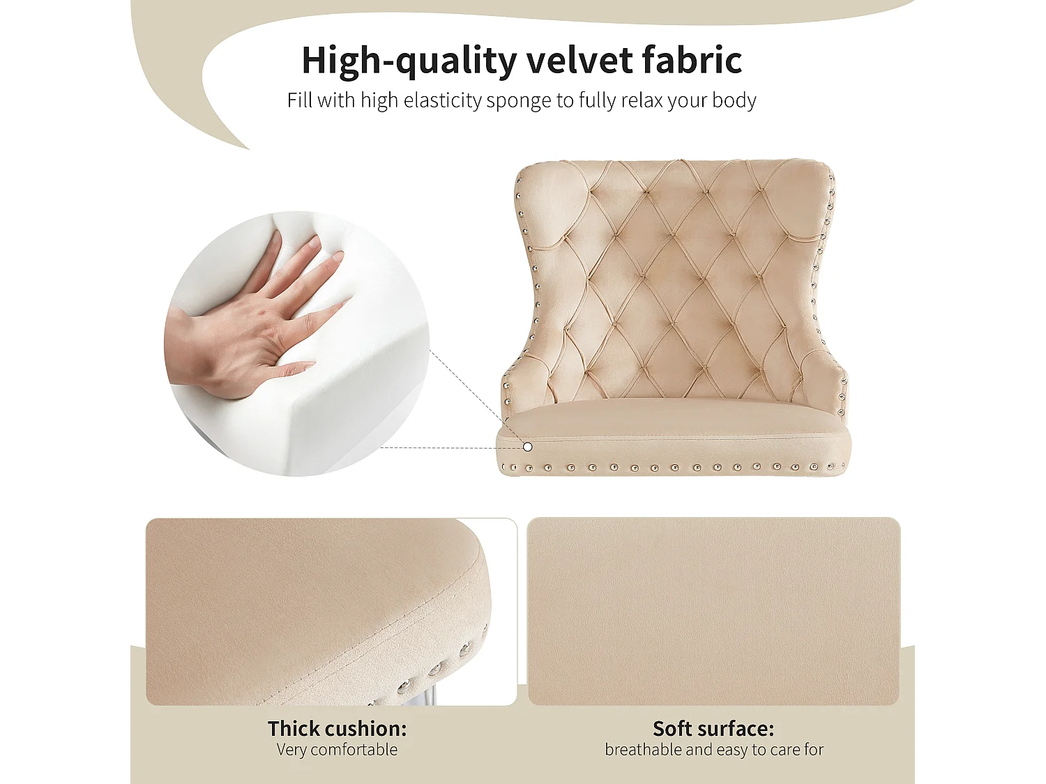 Lot de 2 chaises de salle à manger - 54 x 54 x 85.5 cm - chaise de maquillage - pieds argentés réglables - velours - beige