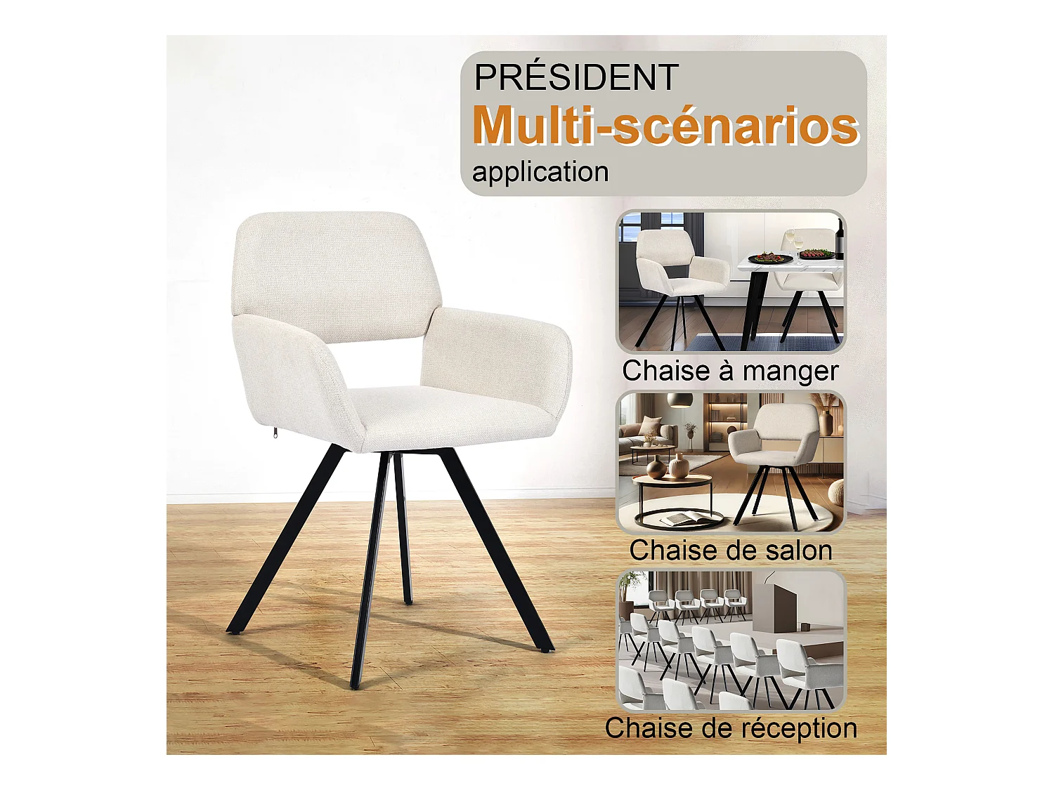 URBAN MEUBLE Lot de 4 chaises de salle à manger scandinaves rotative tissu beige