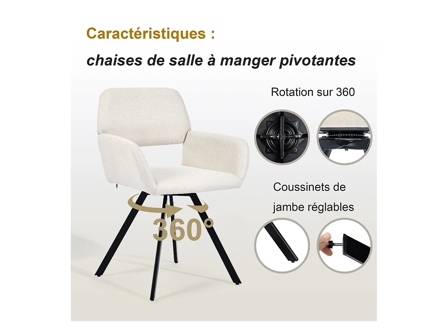 URBAN MEUBLE Lot de 4 chaises de salle à manger scandinaves rotative tissu beige