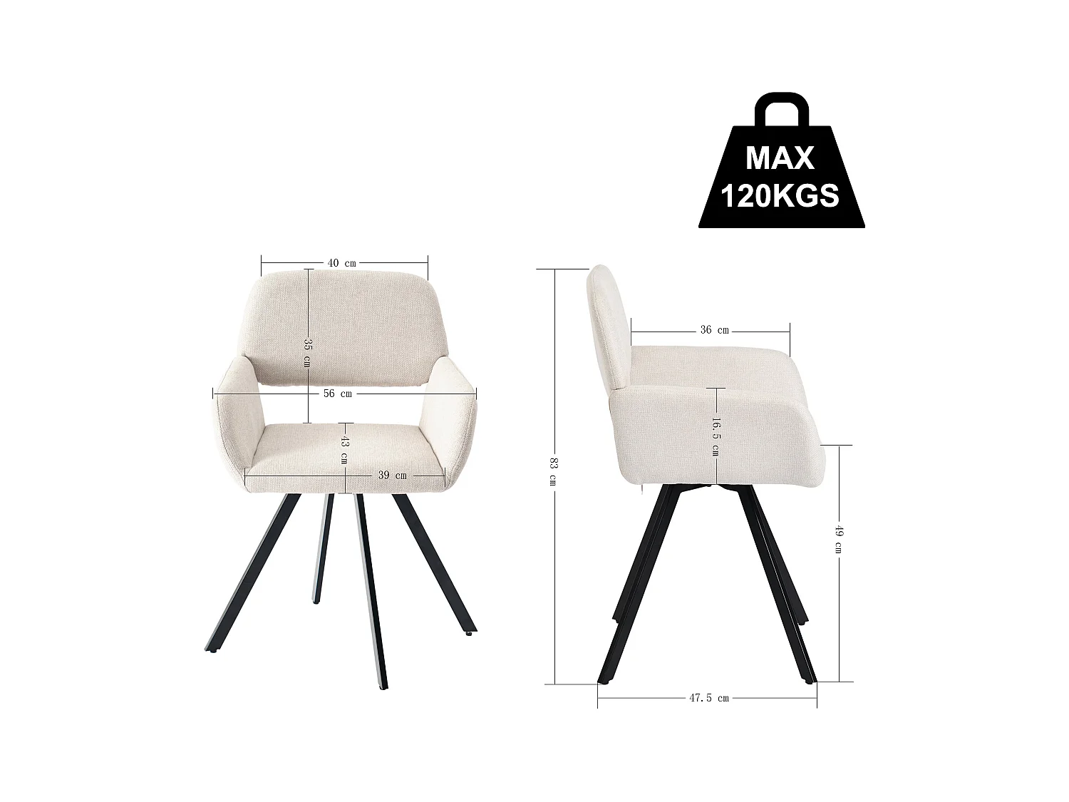 URBAN MEUBLE Lot de 4 chaises de salle à manger scandinaves rotative tissu beige