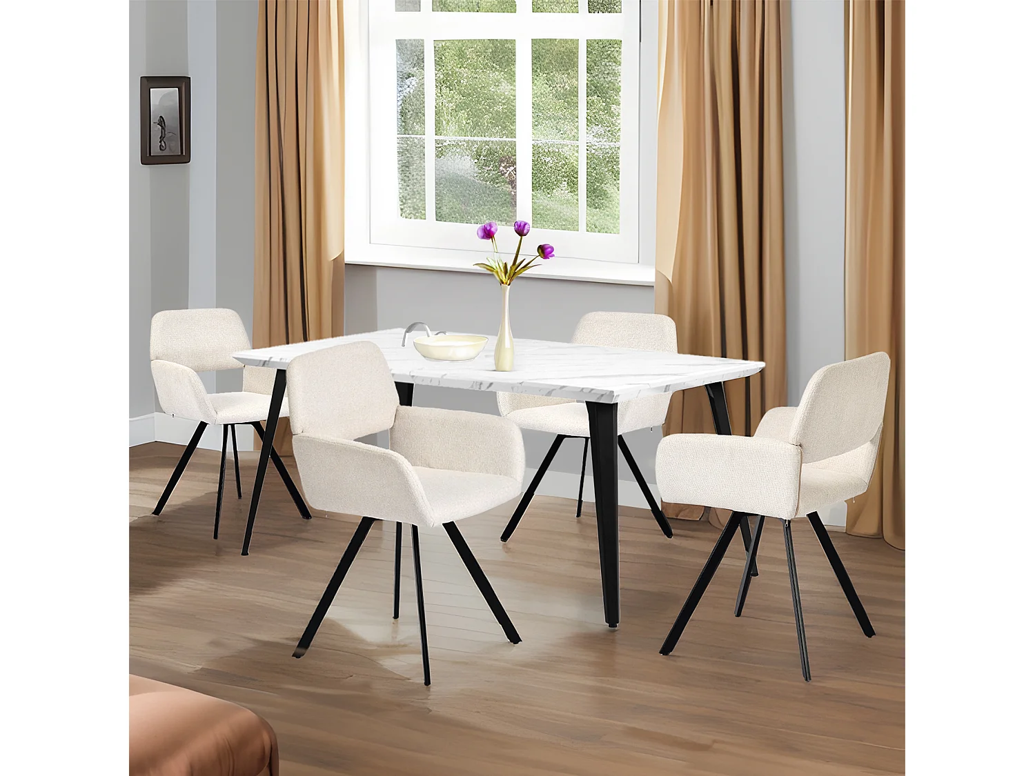 URBAN MEUBLE Lot de 4 chaises de salle à manger scandinaves rotative tissu beige