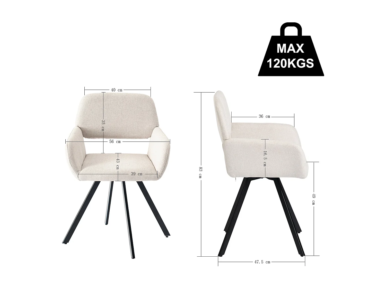 URBAN MEUBLE Lot de 4 chaises de salle à manger scandinaves rotative tissu beige