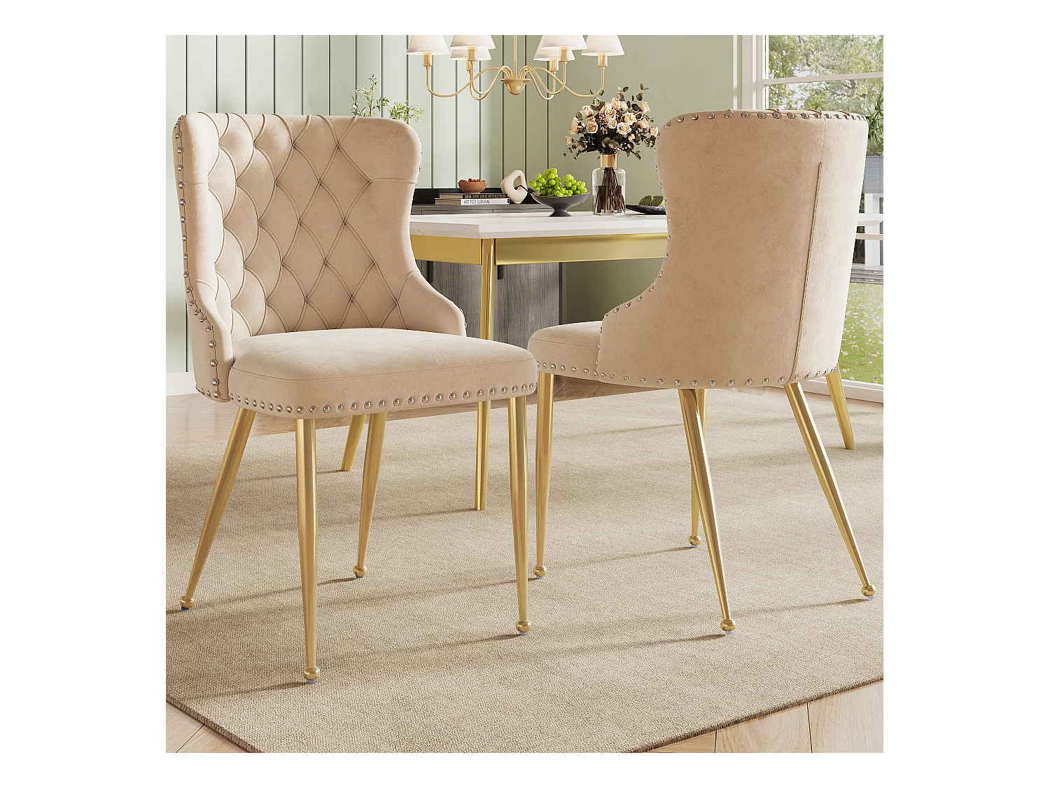 Lot de 2 chaises de salle à manger - 54 x 54 x 85.5 cm - chaise de maquillage - pieds dorés réglables - velours - beige