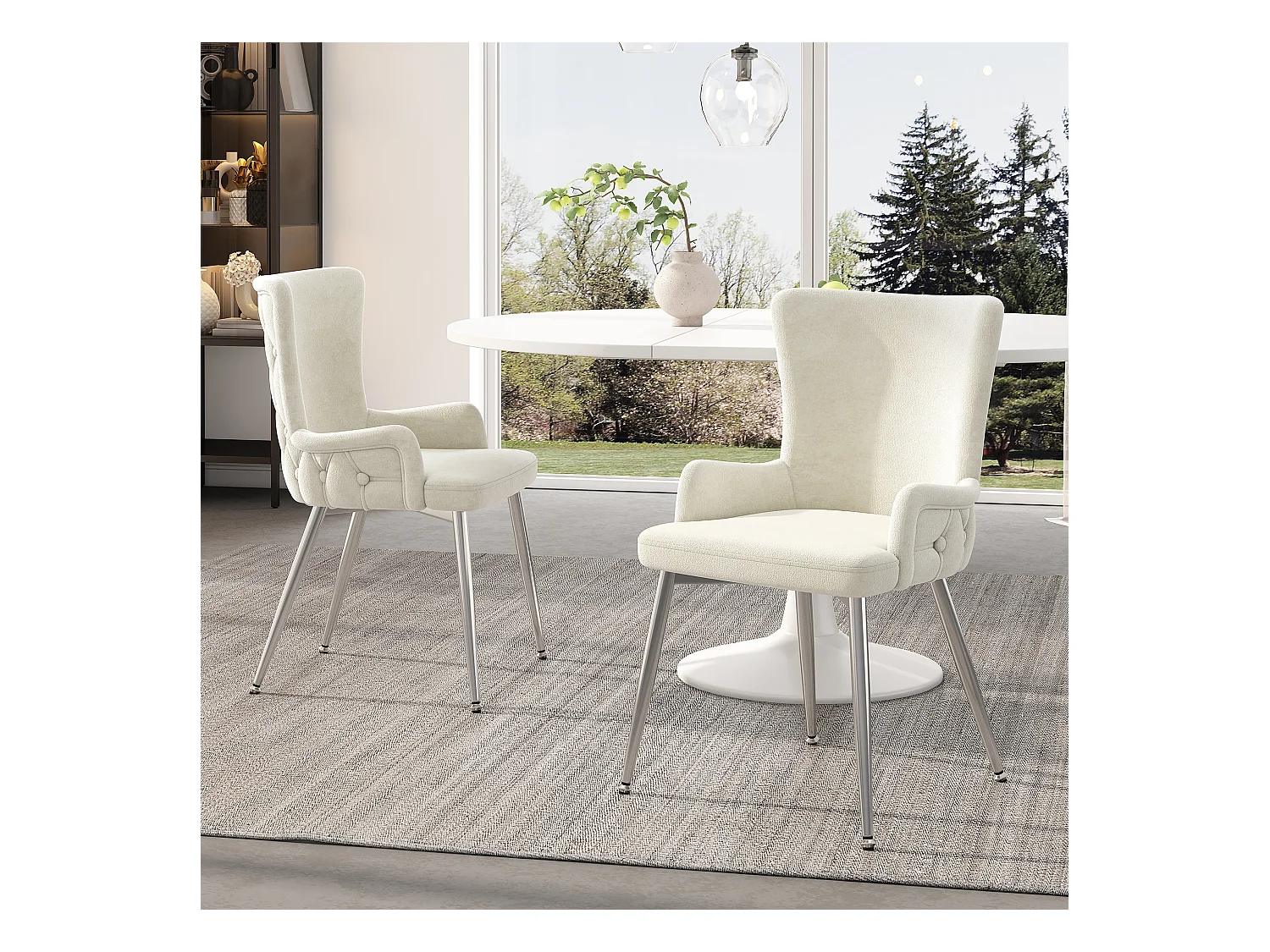 Lot de 2 chaises de cuisine avec accoudoirs, tissu en velours, pieds en métal argenté, beige