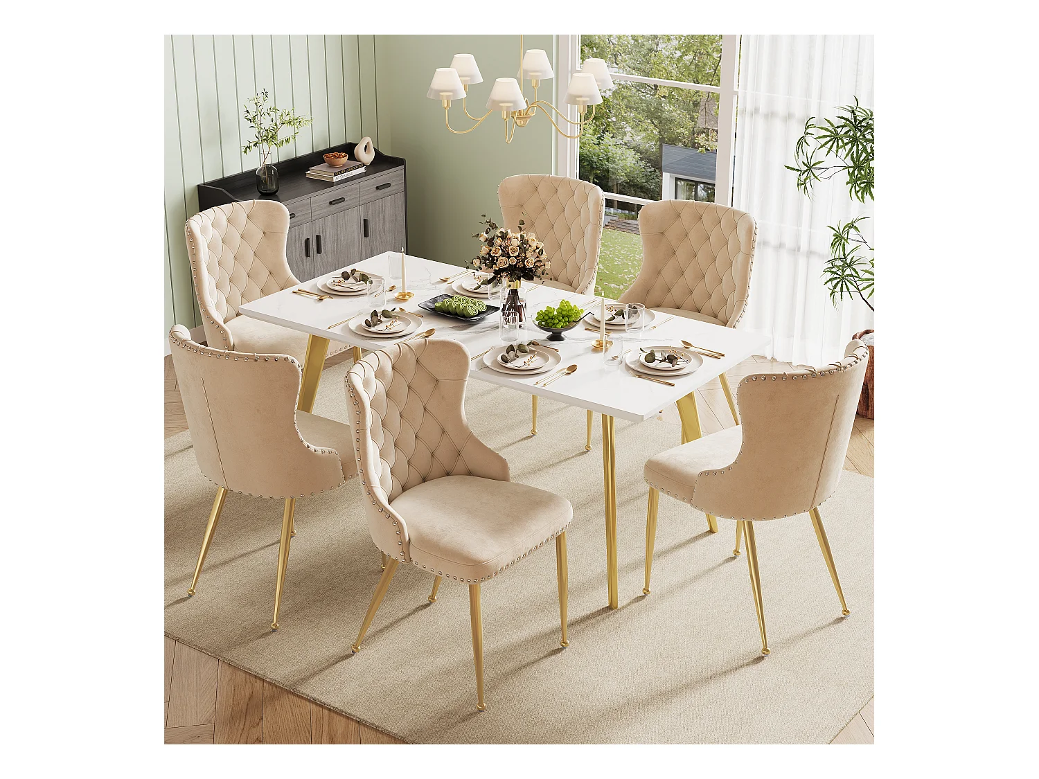 Set van 6 eetkamerstoelen - 54 x 54 x 85,5 cm - make-up stoel - verstelbare gouden poten - fluweel - beige