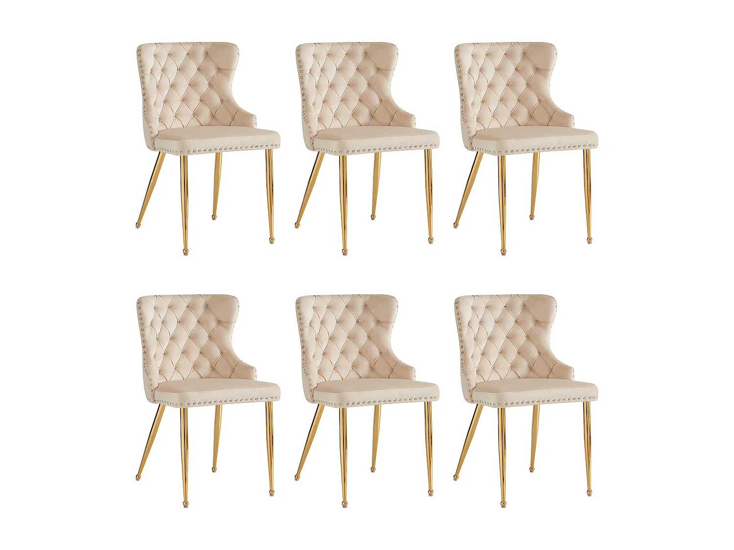 Conjunto de 6 cadeiras de jantar - 54 x 54 x 85,5 cm - cadeira de maquiagem - pernas douradas ajustáveis - veludo - bege