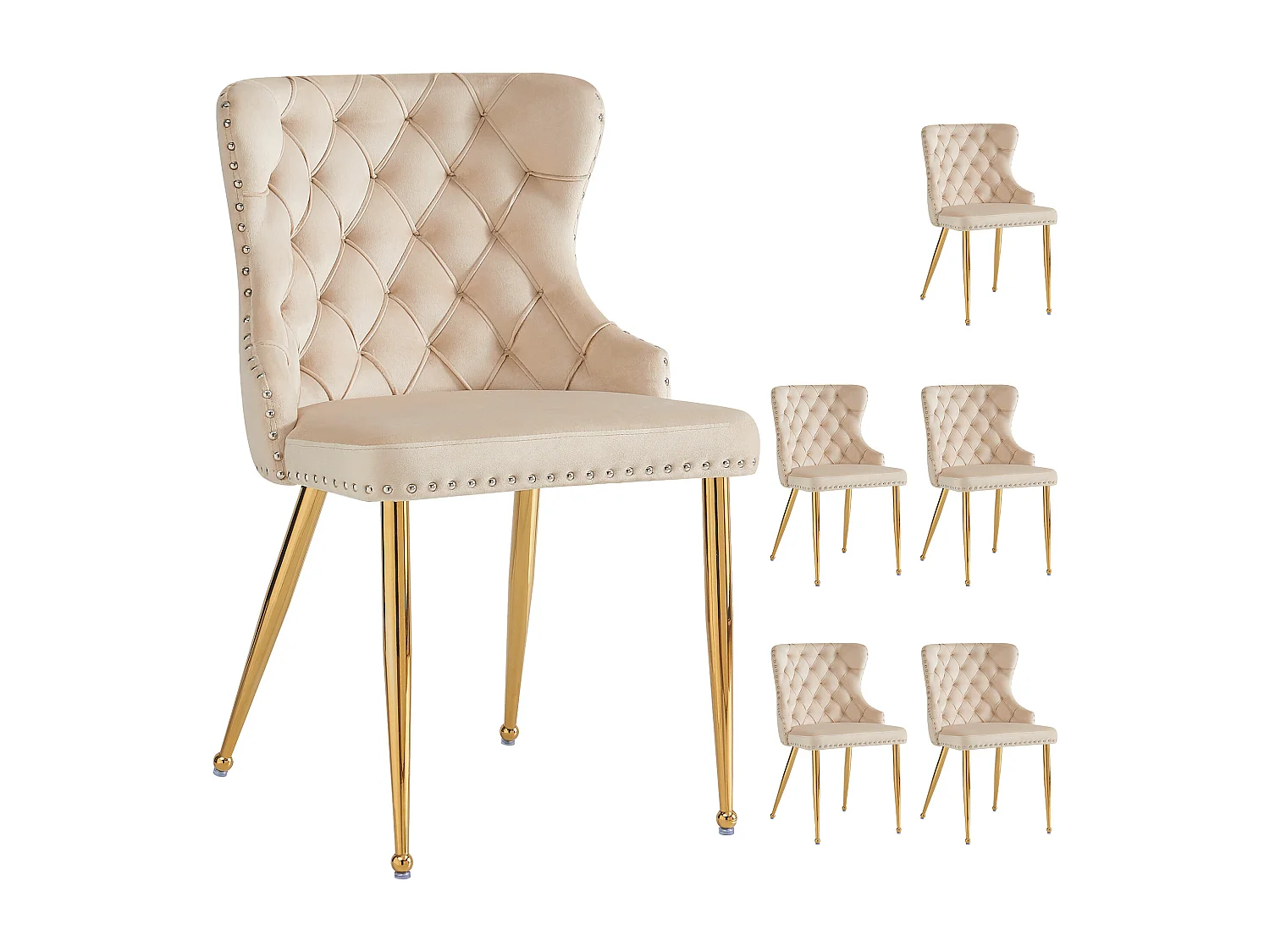 Conjunto de 6 cadeiras de jantar - 54 x 54 x 85,5 cm - cadeira de maquiagem - pernas douradas ajustáveis - veludo - bege