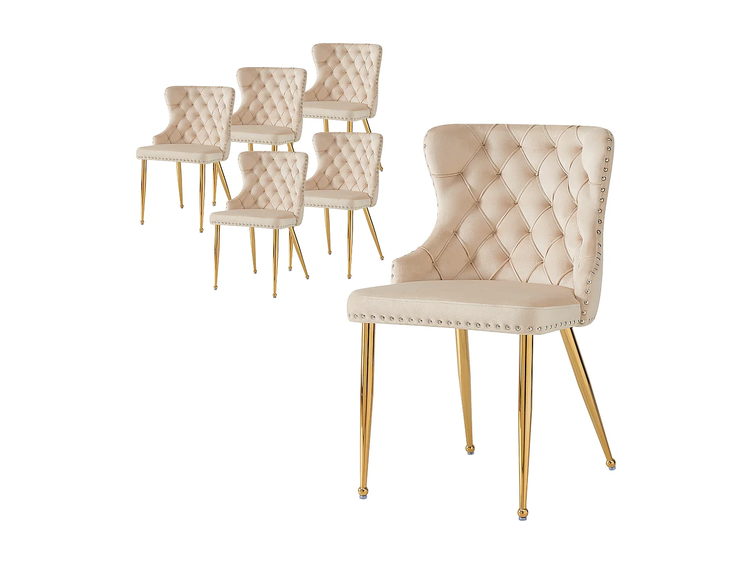 Conjunto de 6 cadeiras de jantar - 54 x 54 x 85,5 cm - cadeira de maquiagem - pernas douradas ajustáveis - veludo - bege