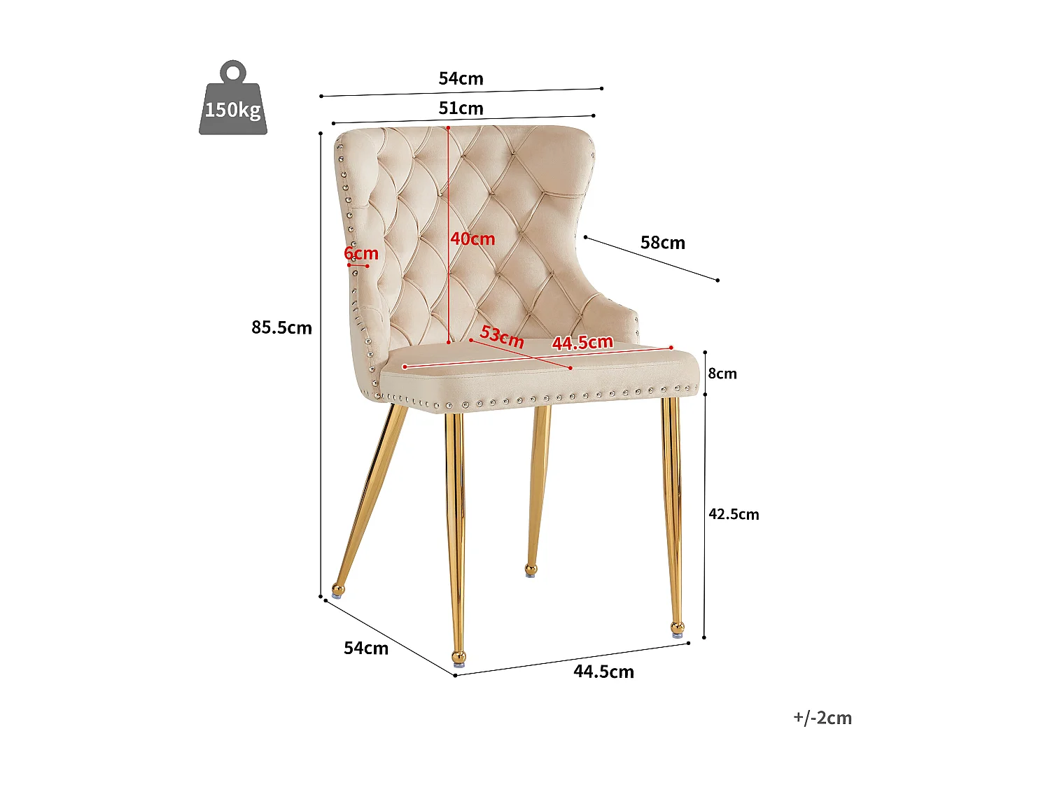 Conjunto de 6 cadeiras de jantar - 54 x 54 x 85,5 cm - cadeira de maquiagem - pernas douradas ajustáveis - veludo - bege
