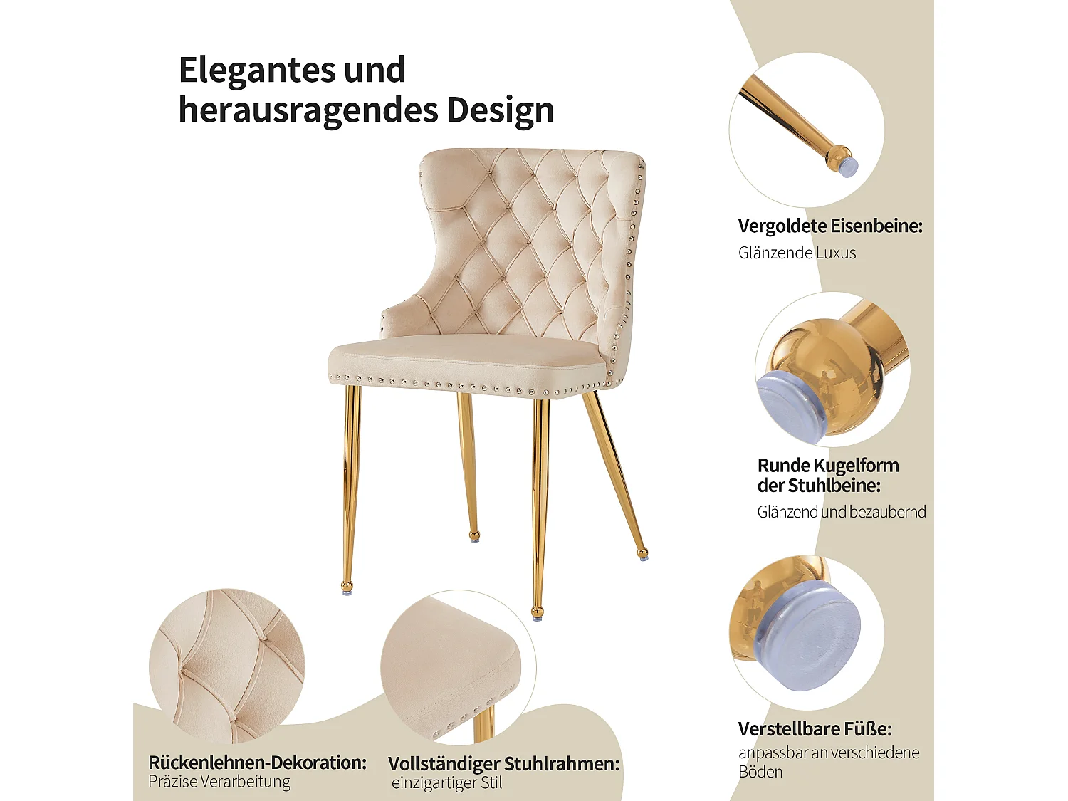 Conjunto de 6 cadeiras de jantar - 54 x 54 x 85,5 cm - cadeira de maquiagem - pernas douradas ajustáveis - veludo - bege