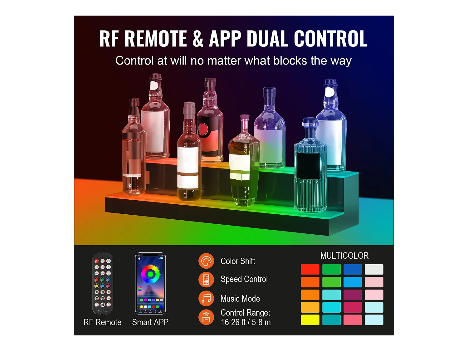 Présentoir à Bouteilles d'Alcool Éclairé à LED SucceBuy, Étagère de Bar, 76,1 cm, 2 Étapes