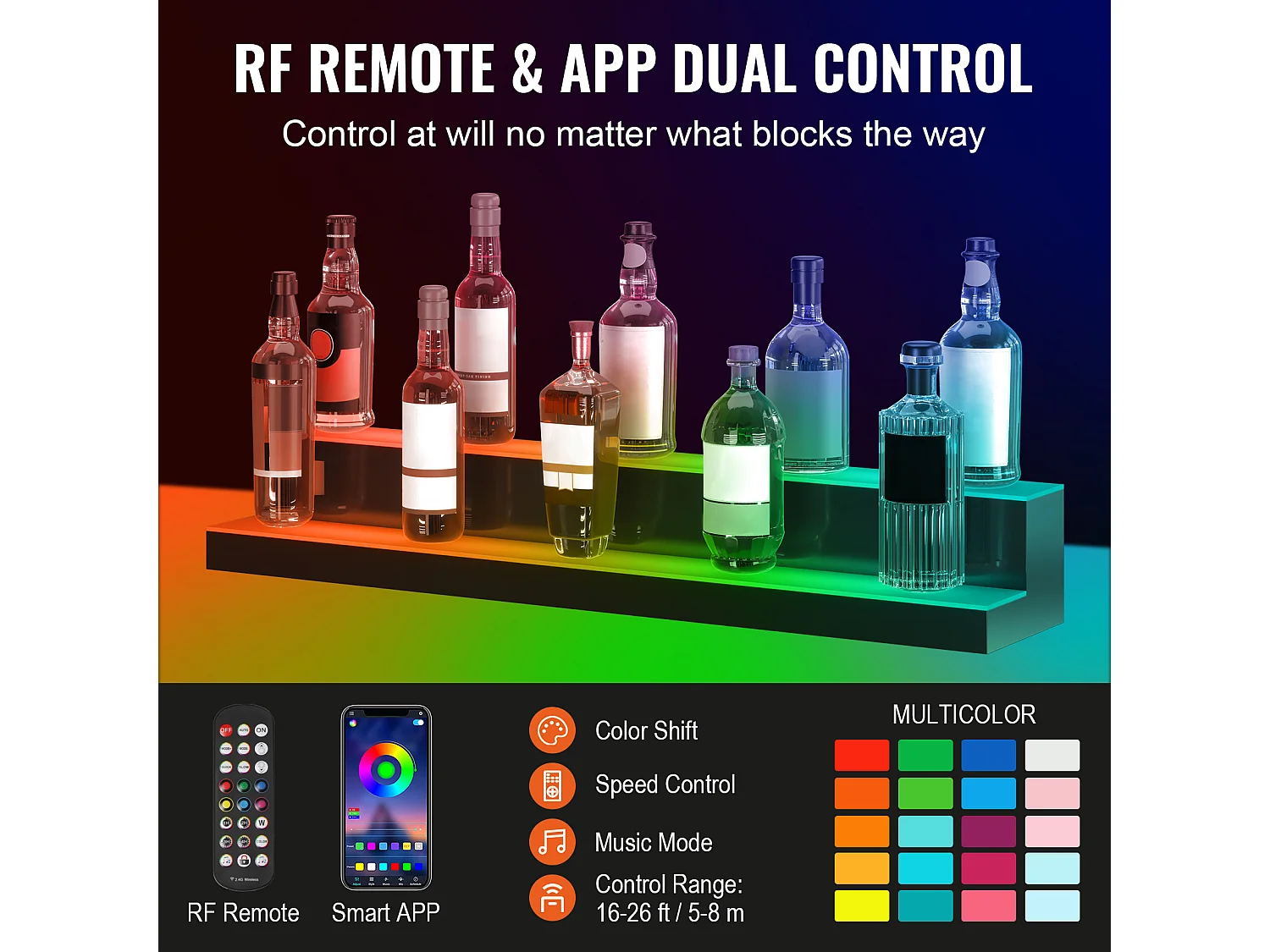 Présentoir à Bouteilles d'Alcool Éclairé à LED SucceBuy, Étagère de Bar, 101,4 cm, 2 Étapes