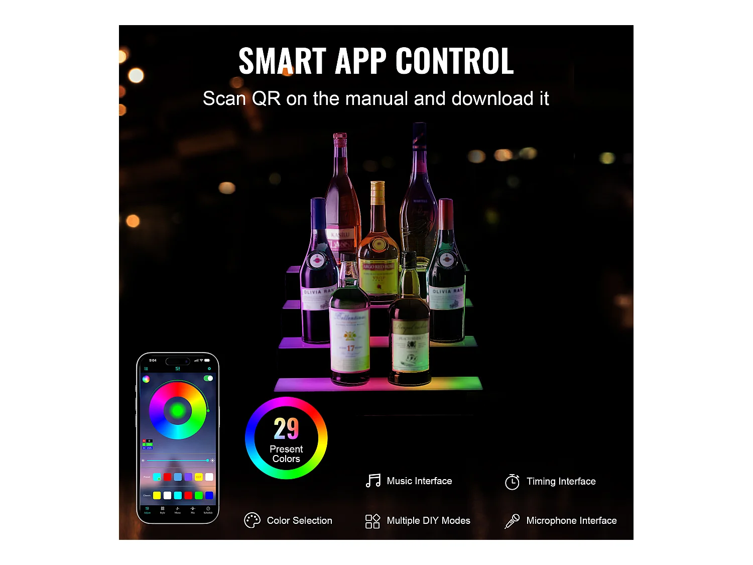 Présentoir à Bouteilles d'Alcool Éclairé à LED SucceBuy, Étagère de Bar, 40,6 cm, 4 Étapes