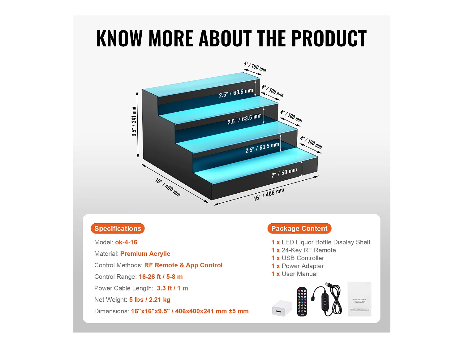 Présentoir à Bouteilles d'Alcool Éclairé à LED SucceBuy, Étagère de Bar, 40,6 cm, 4 Étapes