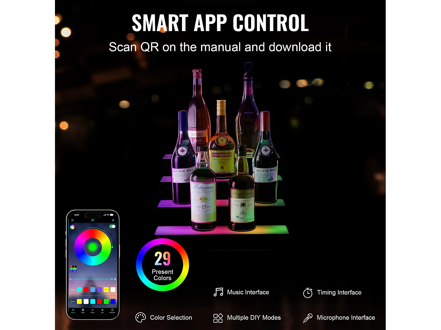 Présentoir à Bouteilles d'Alcool Éclairé à LED SucceBuy, Étagère de Bar, 40,6 cm, 4 Étapes