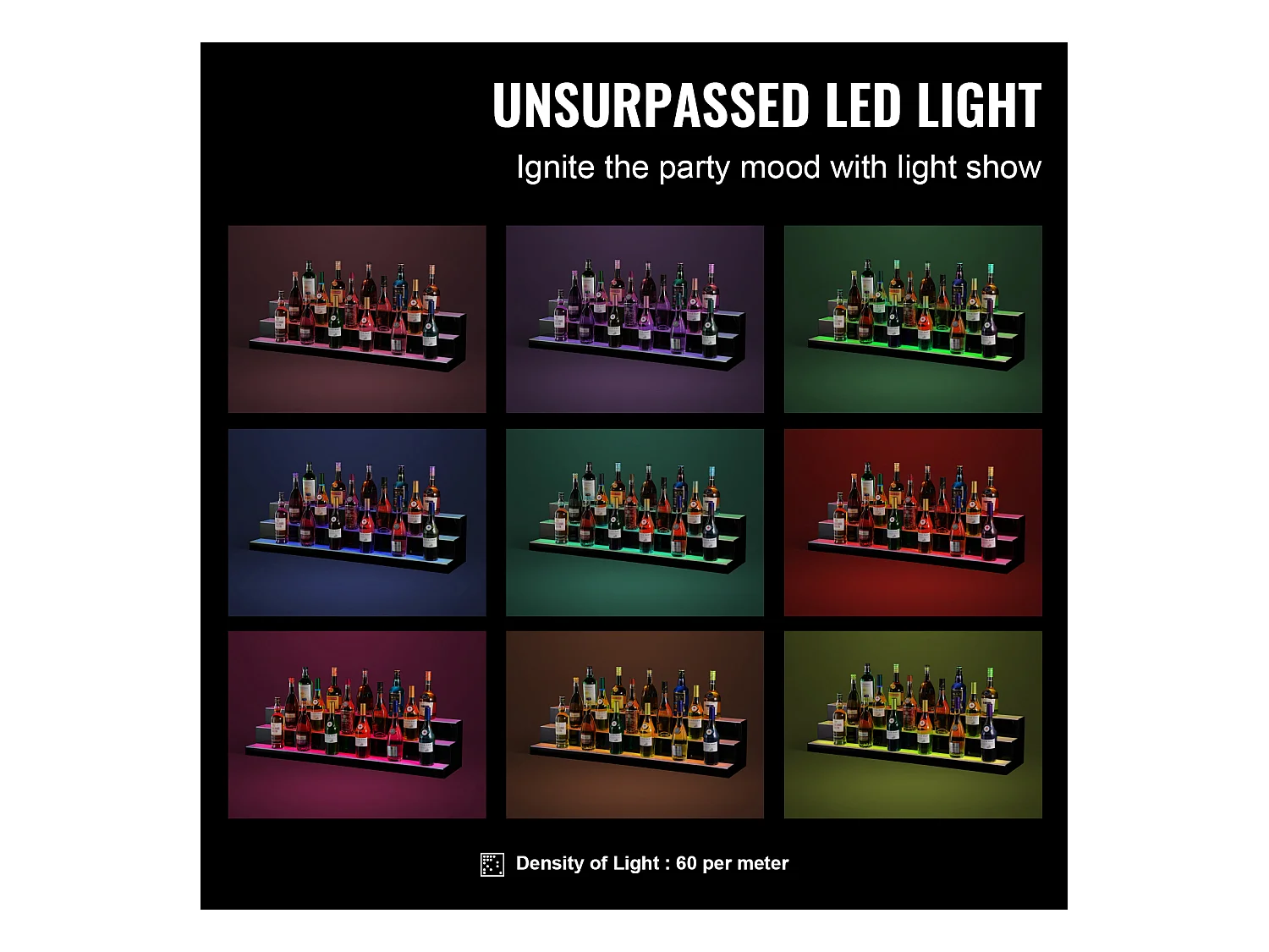 Présentoir à Bouteilles d'Alcool Éclairé à LED SucceBuy, Étagère de Bar, 121 cm, 3 Étapes