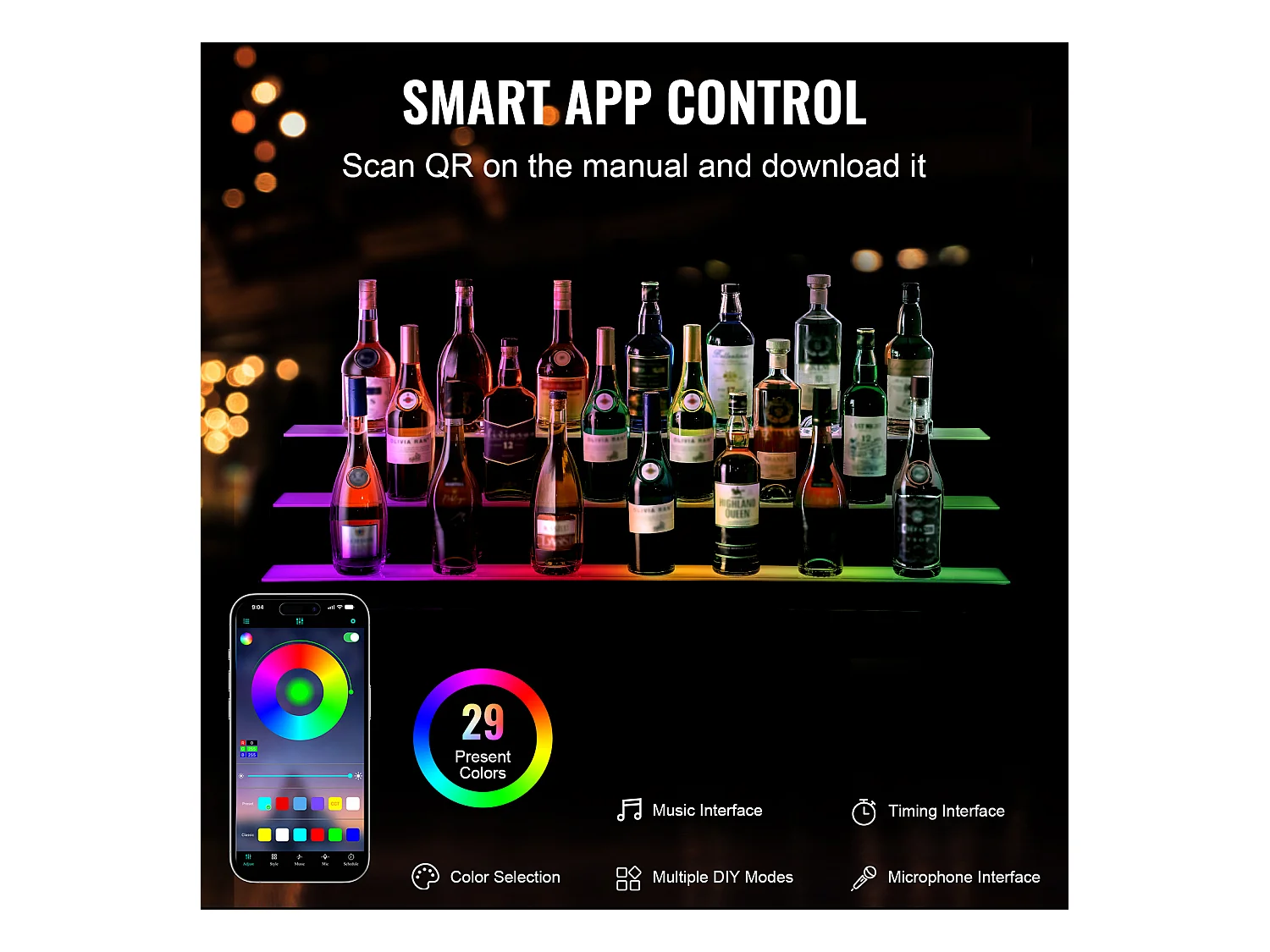 Présentoir à Bouteilles d'Alcool Éclairé à LED SucceBuy, Étagère de Bar, 121 cm, 3 Étapes