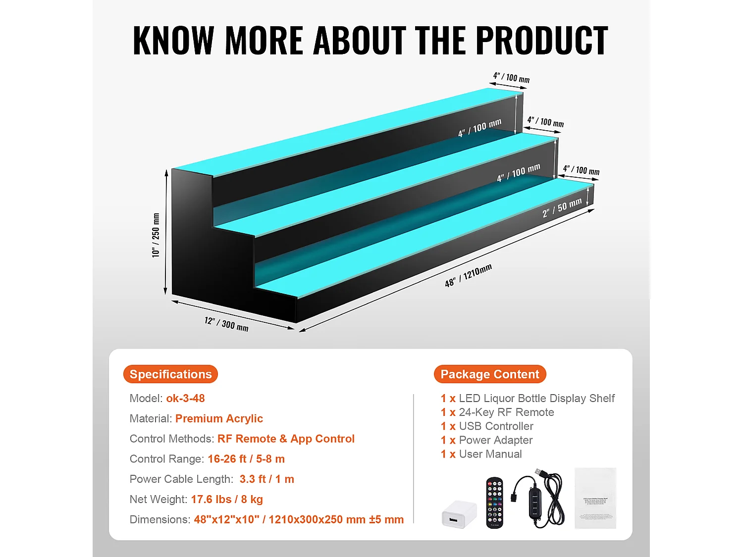 Présentoir à Bouteilles d'Alcool Éclairé à LED SucceBuy, Étagère de Bar, 121 cm, 3 Étapes