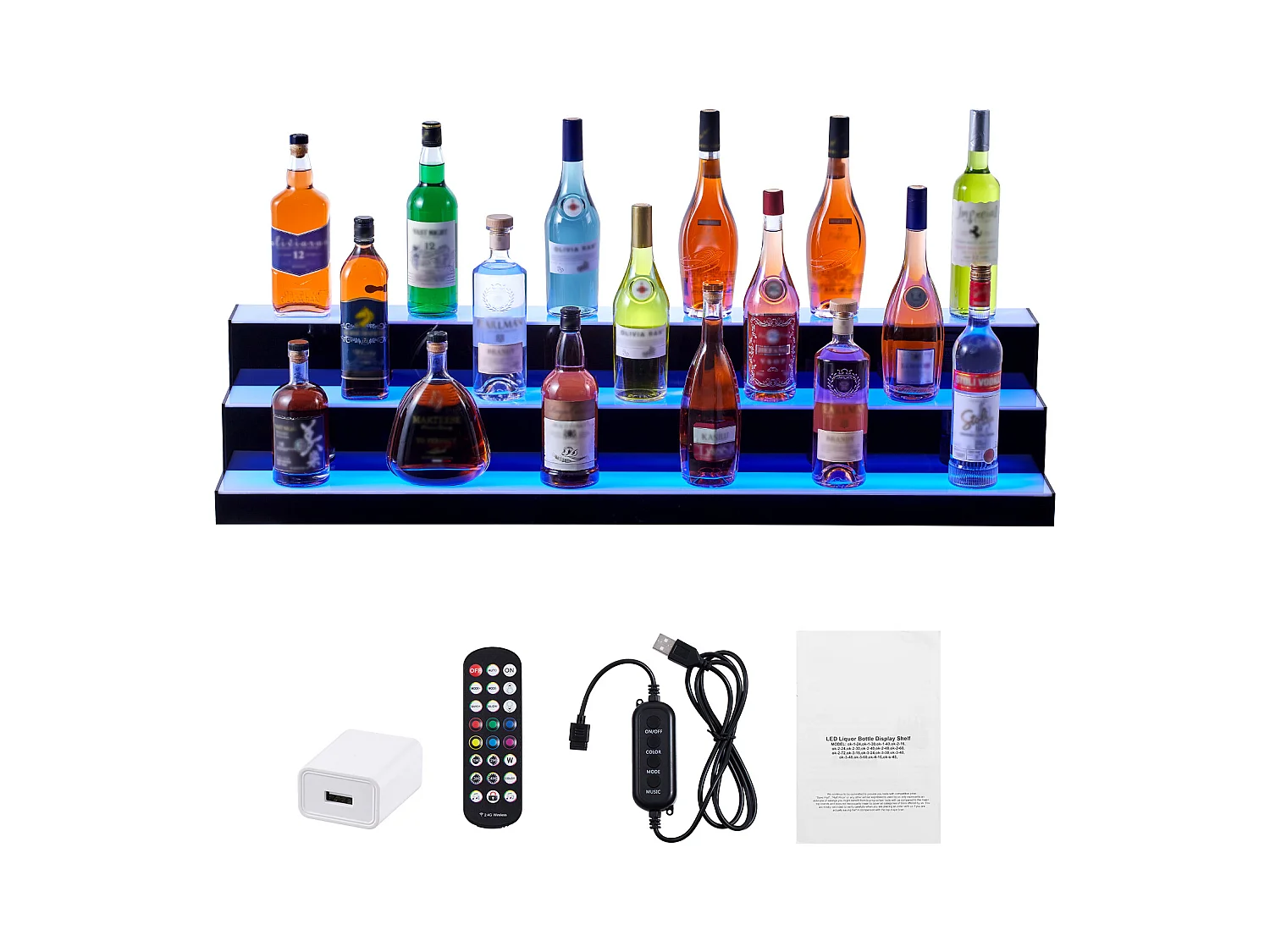 Podświetlana Diodami LED Półka na Butelki Alkoholu SucceBuy, Półka Barowa, 121 cm, 3 Poziomy