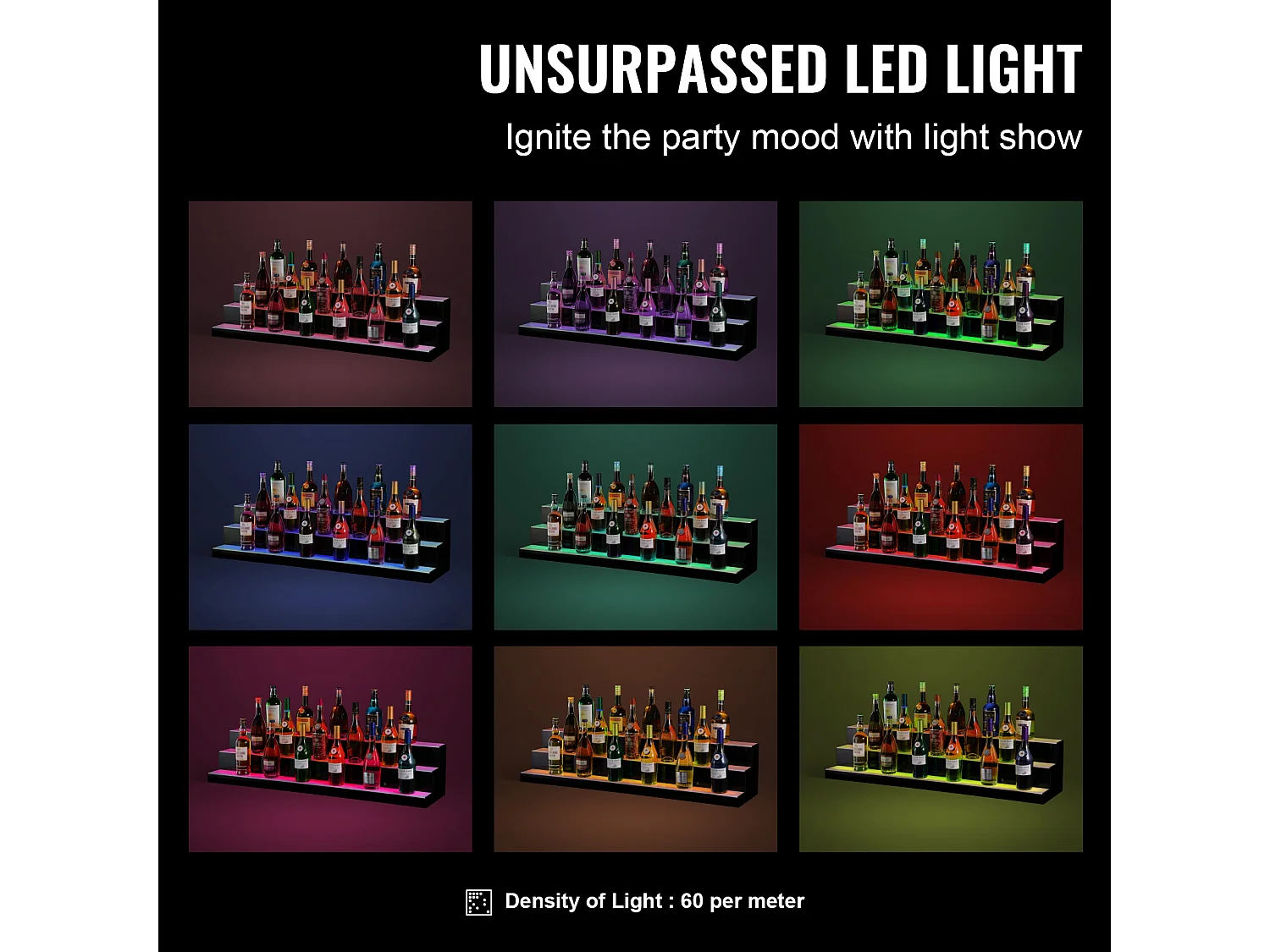 Présentoir à Bouteilles d'Alcool Éclairé à LED SucceBuy, Étagère de Bar, 121 cm, 3 Étapes