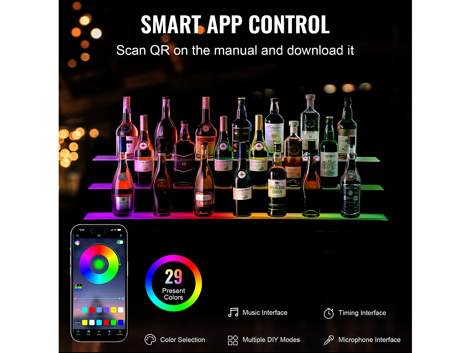 Présentoir à Bouteilles d'Alcool Éclairé à LED SucceBuy, Étagère de Bar, 121 cm, 3 Étapes