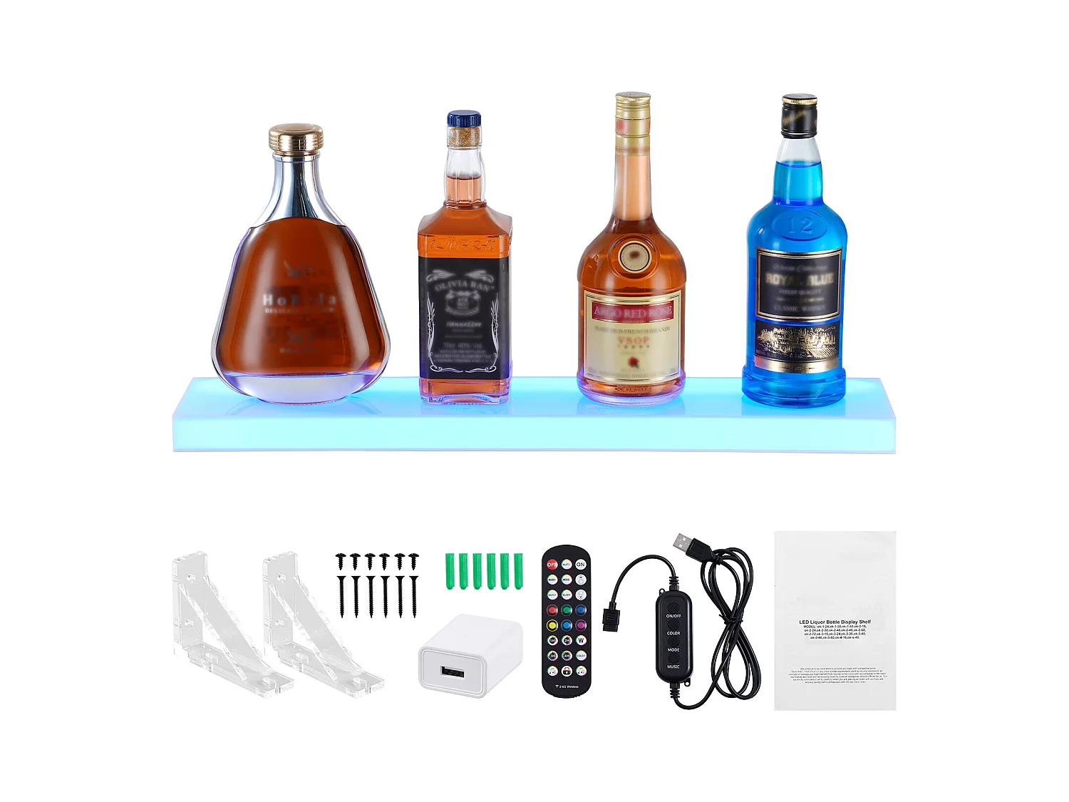 Présentoir à Bouteilles d'Alcool Éclairé à LED SucceBuy, Étagère Murale de Bar pour la Maison, 60 cm, 1 Étape
