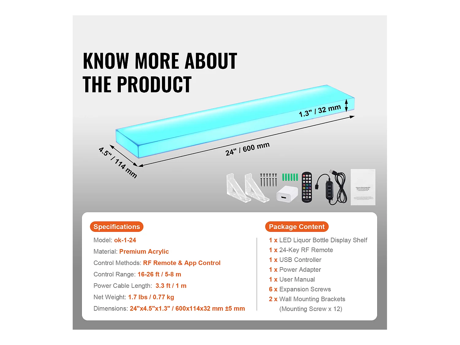 Présentoir à Bouteilles d'Alcool Éclairé à LED SucceBuy, Étagère Murale de Bar pour la Maison, 60 cm, 1 Étape