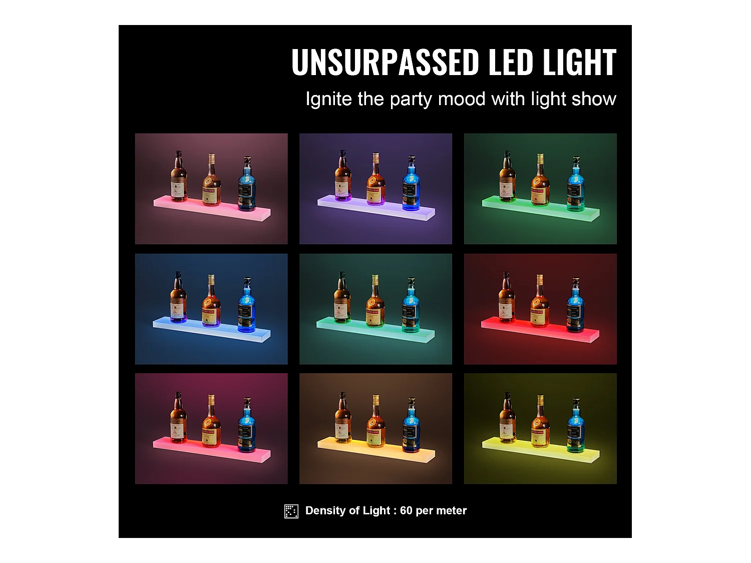 Présentoir à Bouteilles d'Alcool Éclairé à LED SucceBuy, Étagère Murale de Bar pour la Maison, 60 cm, 1 Étape