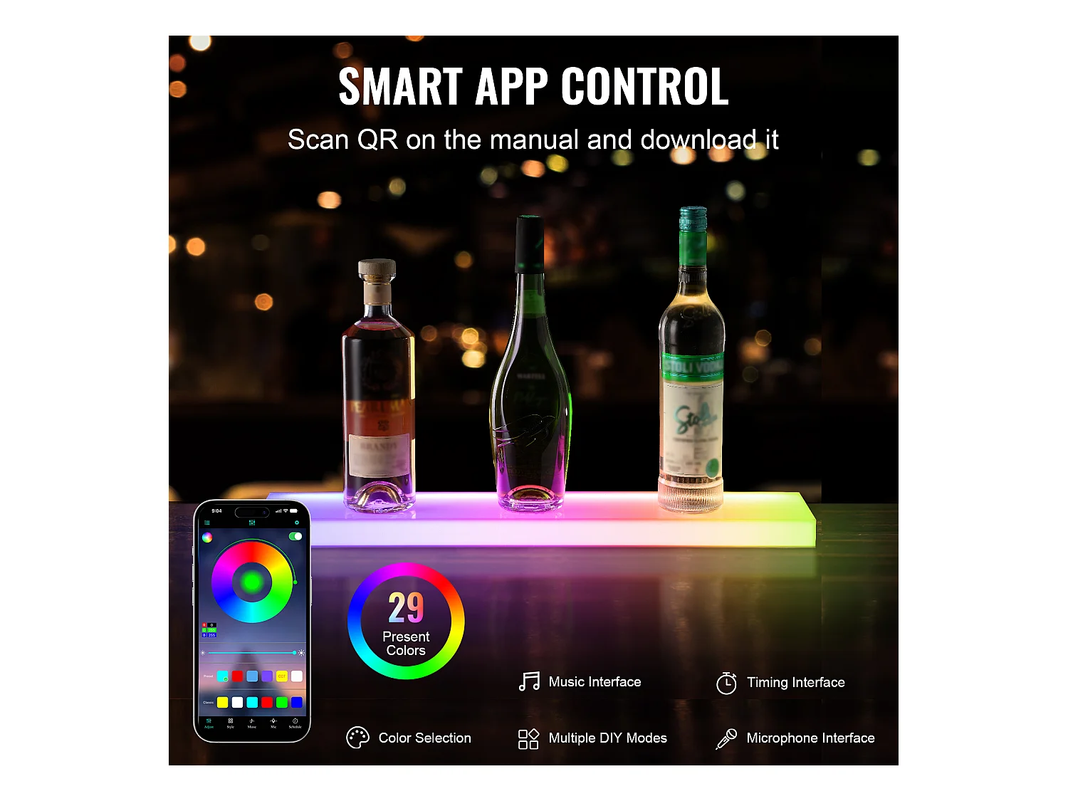 Présentoir à Bouteilles d'Alcool Éclairé à LED SucceBuy, Étagère Murale de Bar pour la Maison, 60 cm, 1 Étape