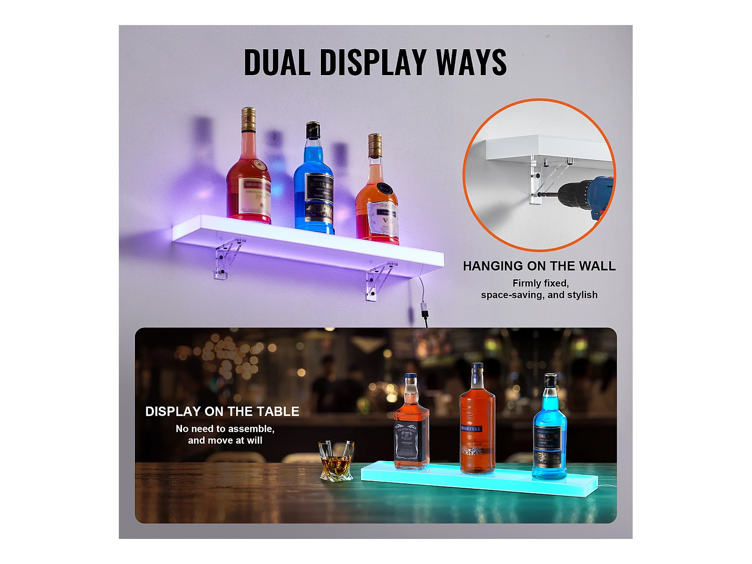 Présentoir à Bouteilles d'Alcool Éclairé à LED SucceBuy, Étagère Murale de Bar pour la Maison, 60 cm, 1 Étape