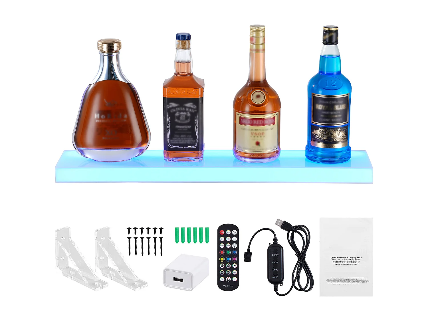 Présentoir à Bouteilles d'Alcool Éclairé à LED SucceBuy, Étagère Murale de Bar pour la Maison, 60 cm, 1 Étape