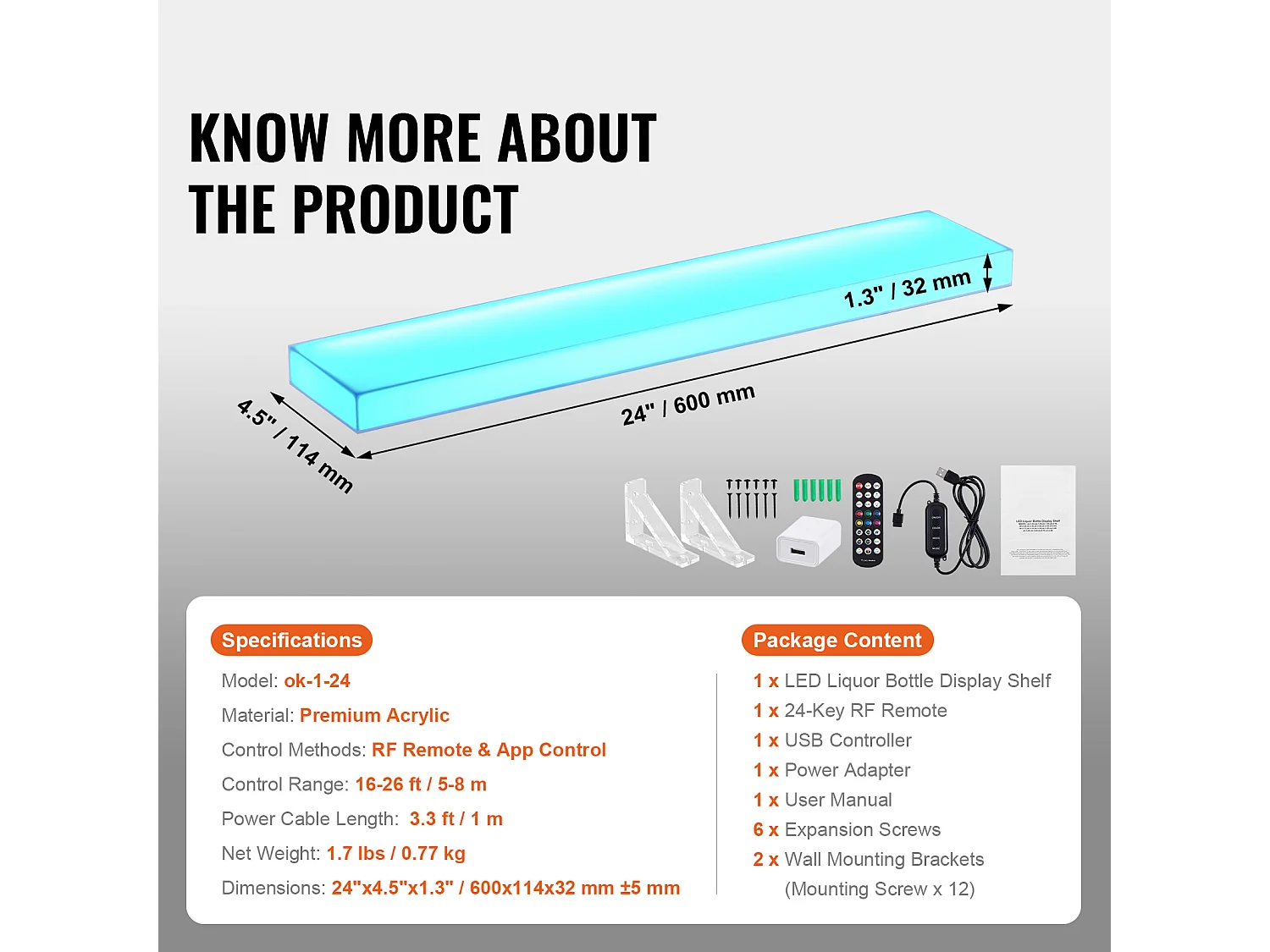 Présentoir à Bouteilles d'Alcool Éclairé à LED SucceBuy, Étagère Murale de Bar pour la Maison, 60 cm, 1 Étape