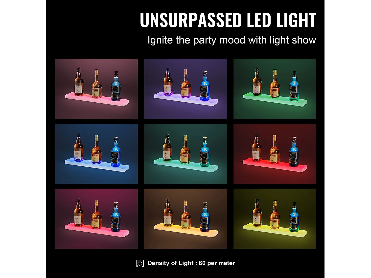 Présentoir à Bouteilles d'Alcool Éclairé à LED SucceBuy, Étagère Murale de Bar pour la Maison, 60 cm, 1 Étape