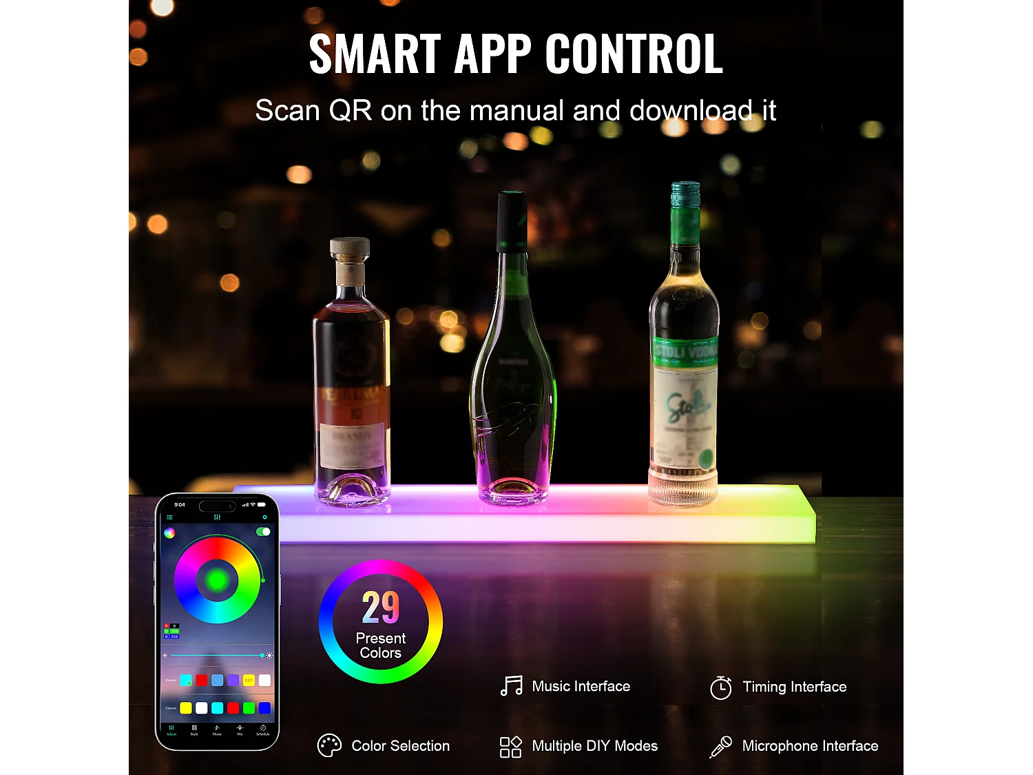 Présentoir à Bouteilles d'Alcool Éclairé à LED SucceBuy, Étagère Murale de Bar pour la Maison, 60 cm, 1 Étape