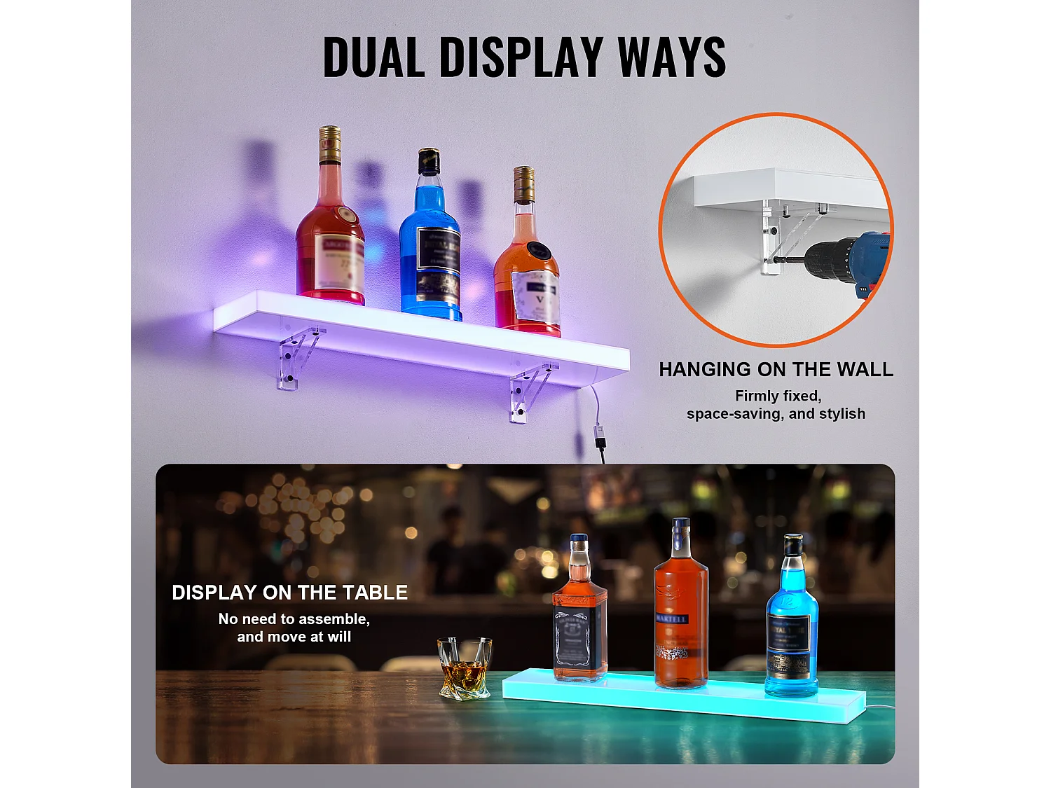 Présentoir à Bouteilles d'Alcool Éclairé à LED SucceBuy, Étagère Murale de Bar pour la Maison, 60 cm, 1 Étape