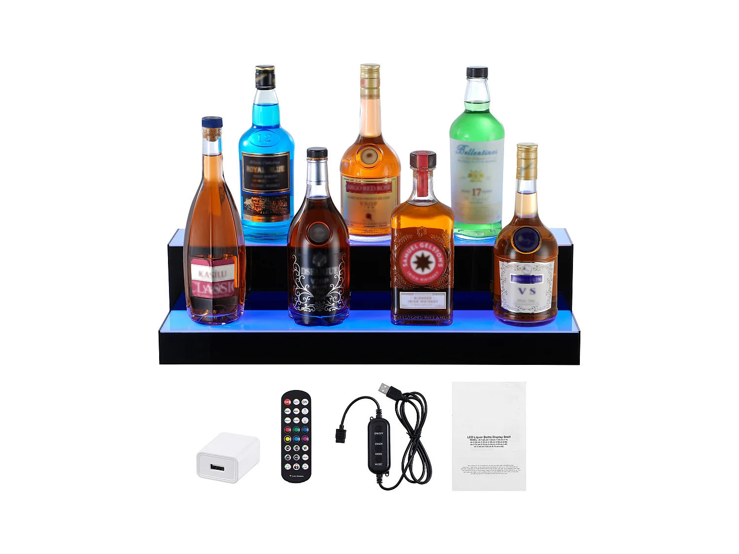Présentoir à Bouteilles d'Alcool Éclairé à LED SucceBuy, Étagère de Bar, 60 cm, 2 Étapes