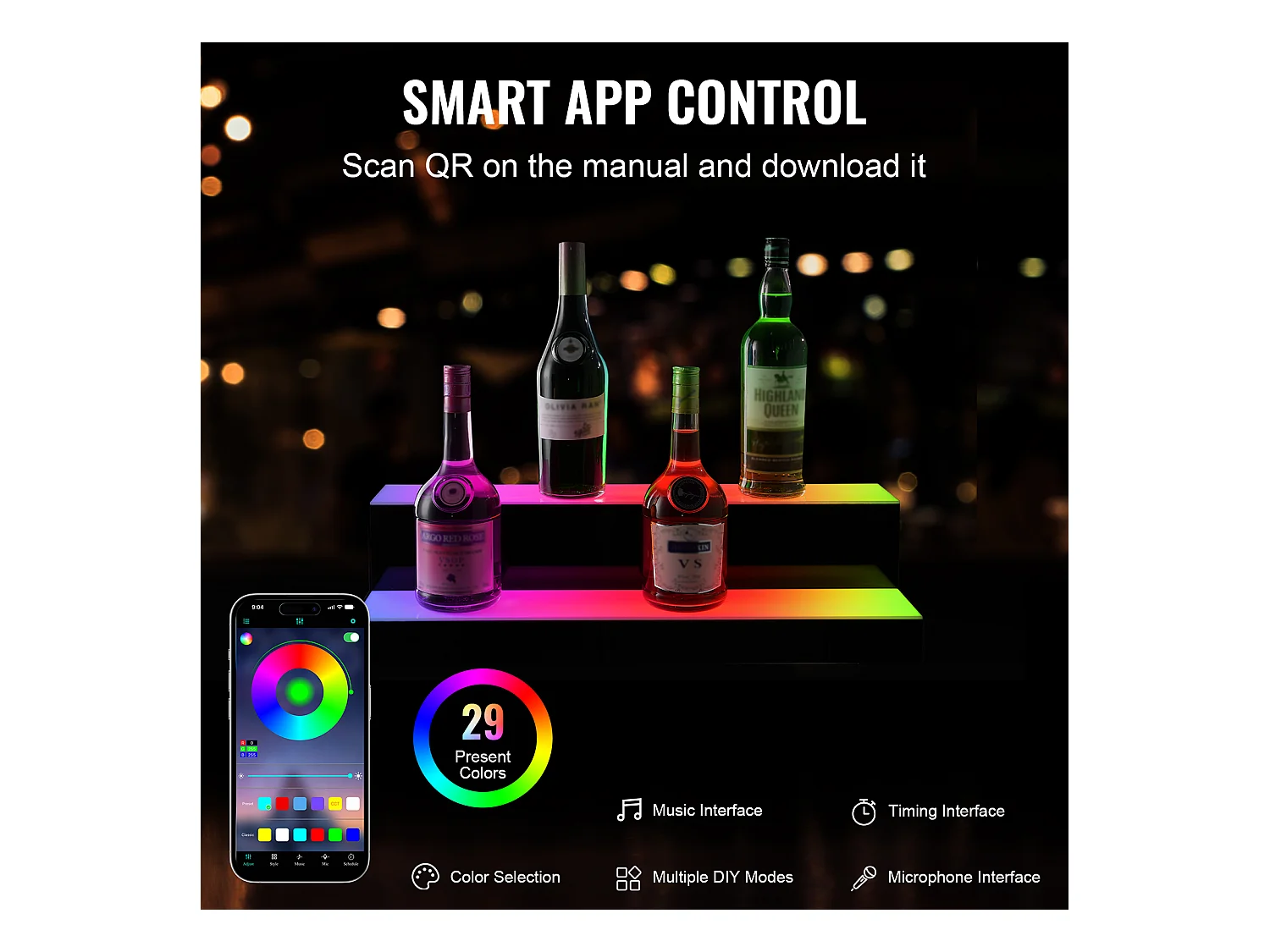 Présentoir à Bouteilles d'Alcool Éclairé à LED SucceBuy, Étagère de Bar, 60 cm, 2 Étapes